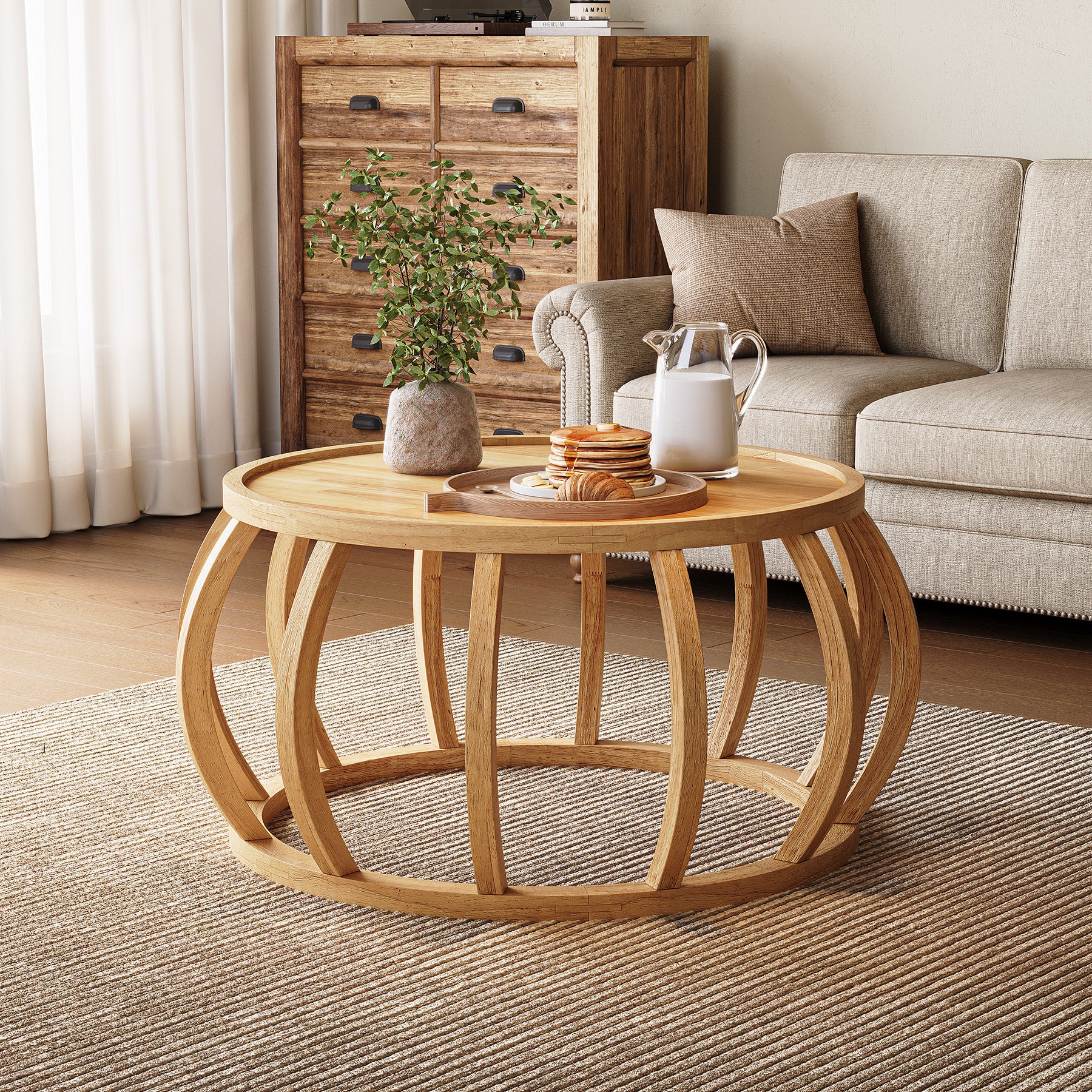 31.5" Coffee Table, Solid Wood Center Table with Curved Frame Base