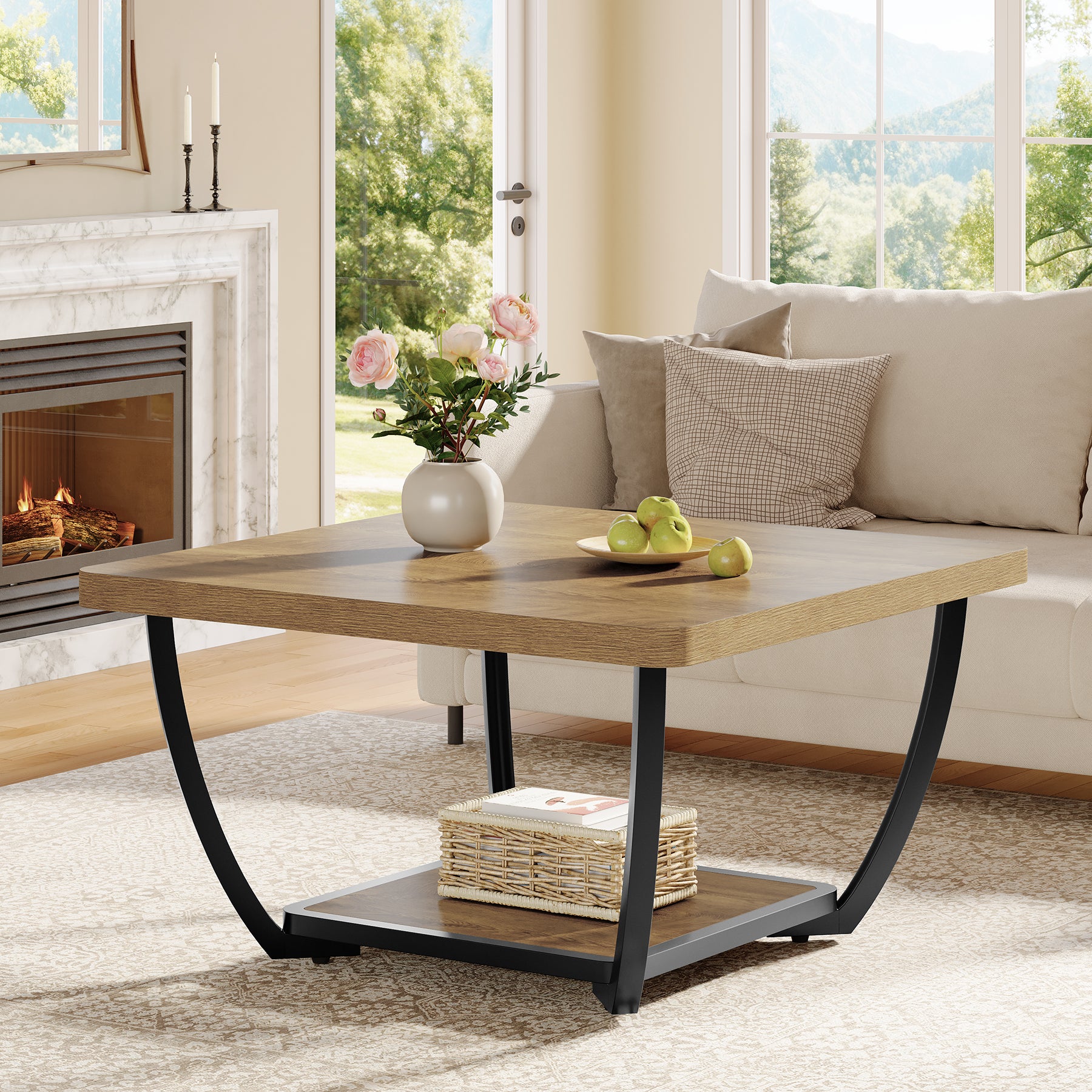 31.5" Coffee Table, Square 2-Tier Accent Center Cocktail Table with Storage
