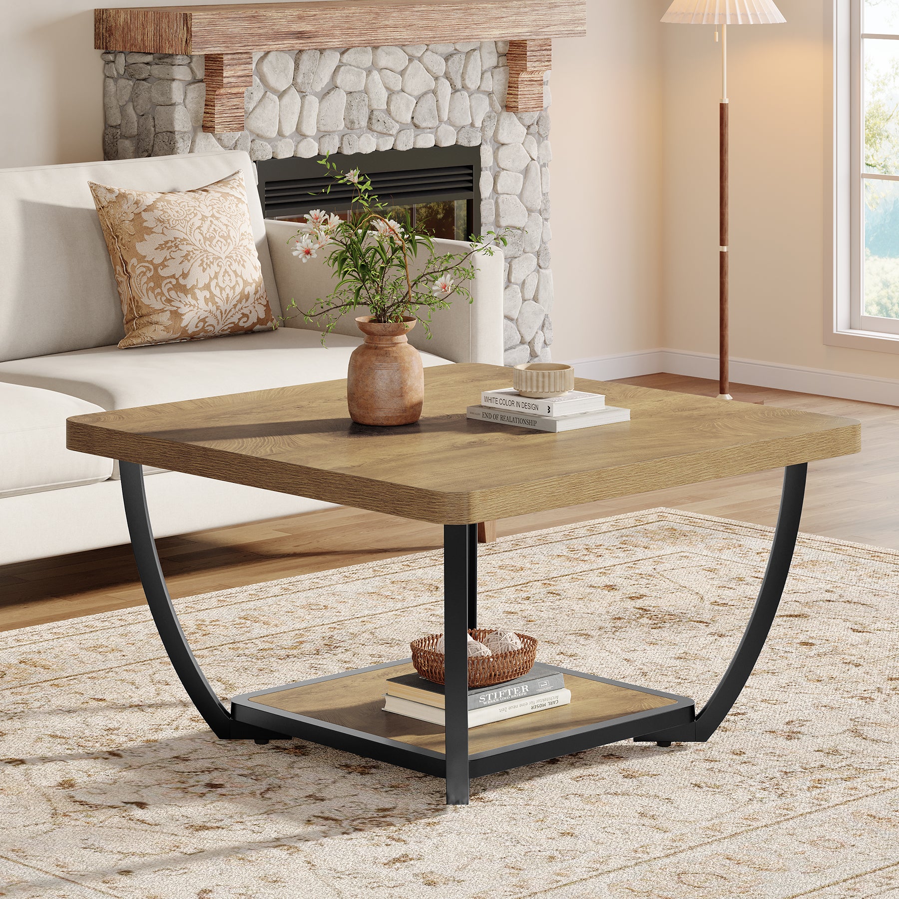 31.5" Coffee Table, Square 2-Tier Accent Center Cocktail Table with Storage