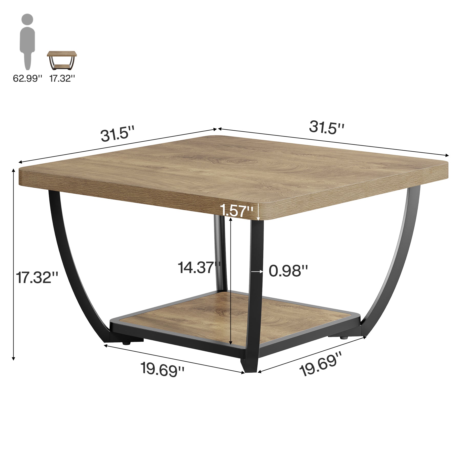 31.5" Coffee Table, Square 2-Tier Accent Center Cocktail Table with Storage