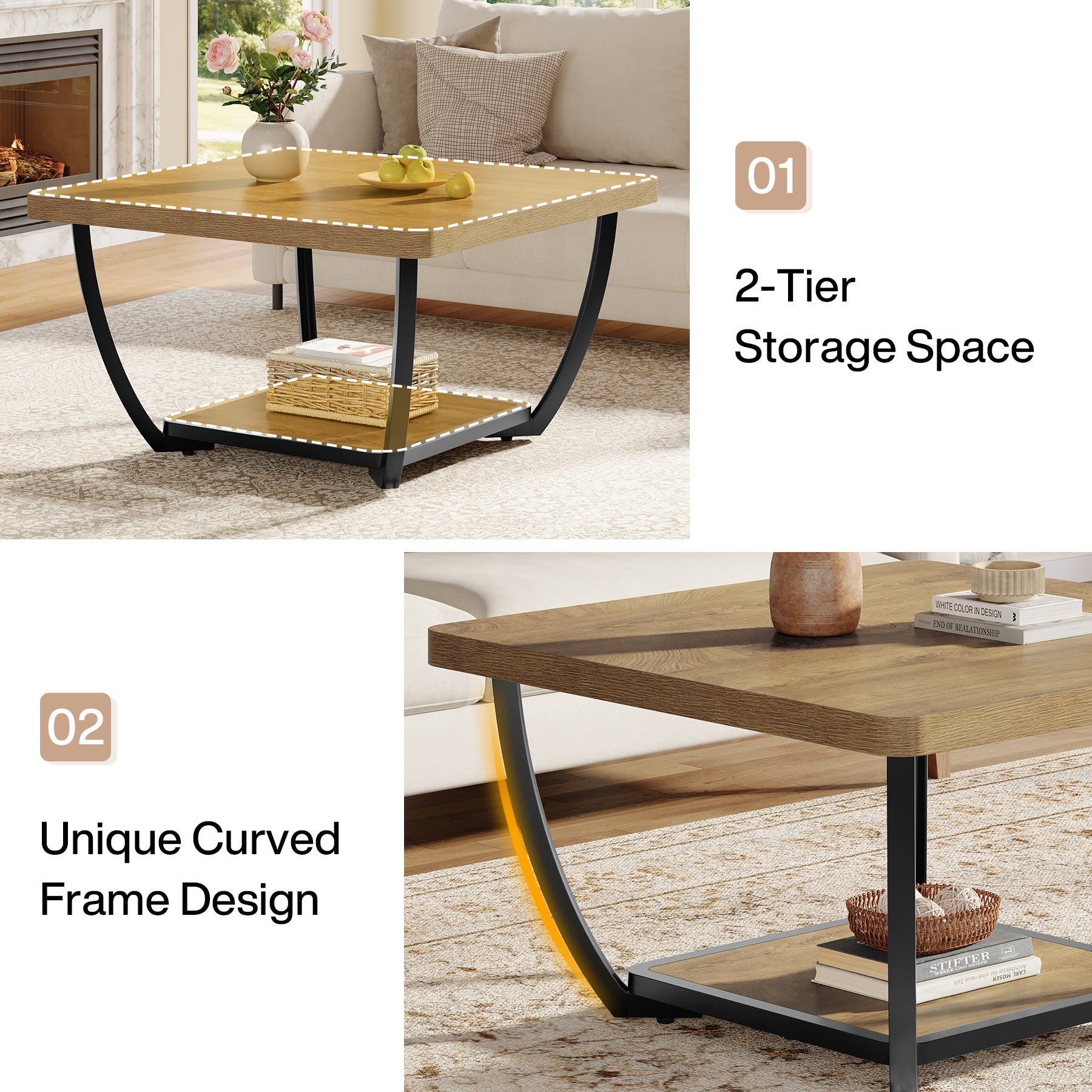 31.5" Coffee Table, Square 2-Tier Accent Center Cocktail Table with Storage