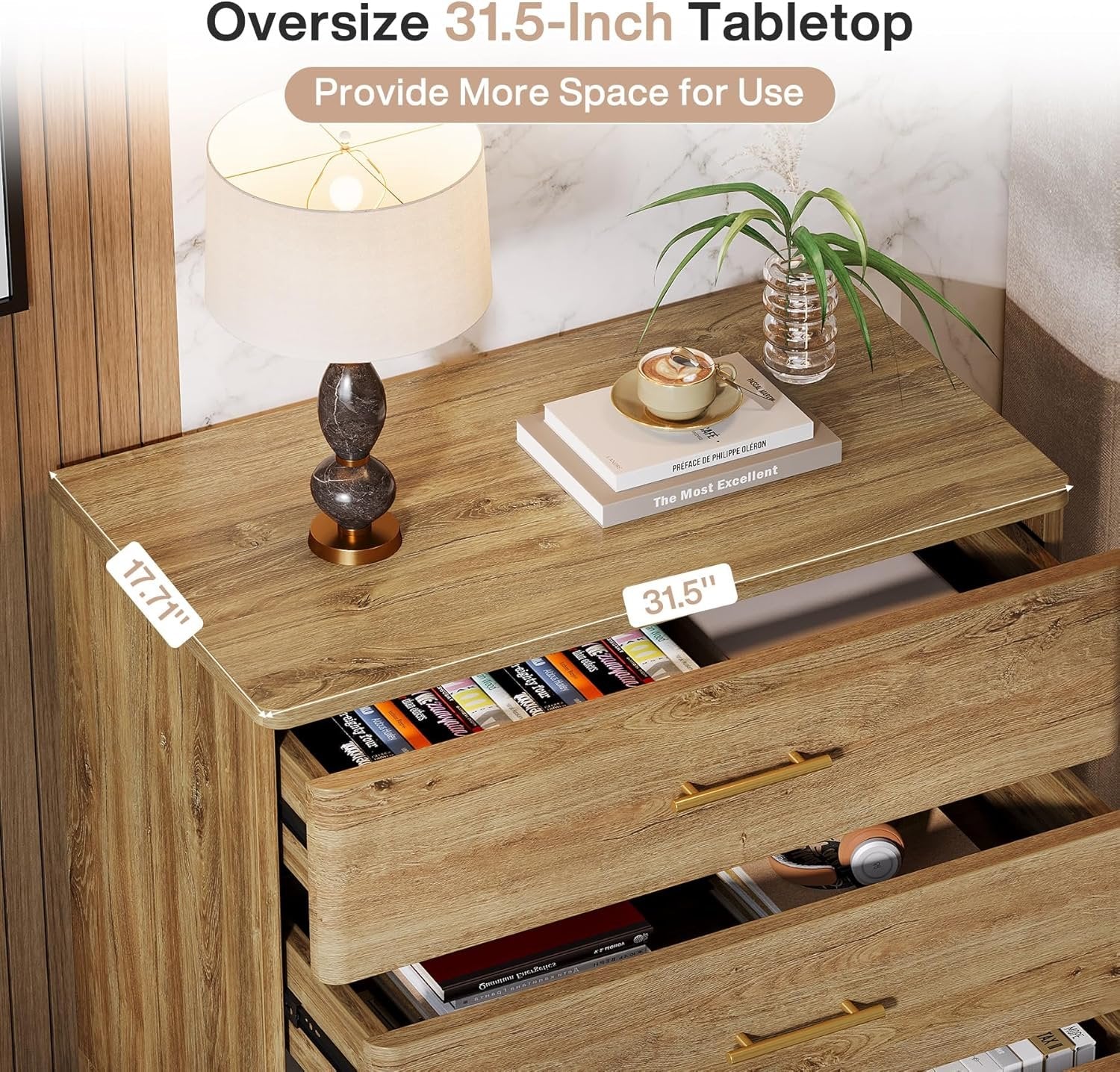 31.5" Farmhouse Nightstand, Oversized Bedside Table with 3 Storage Drawers