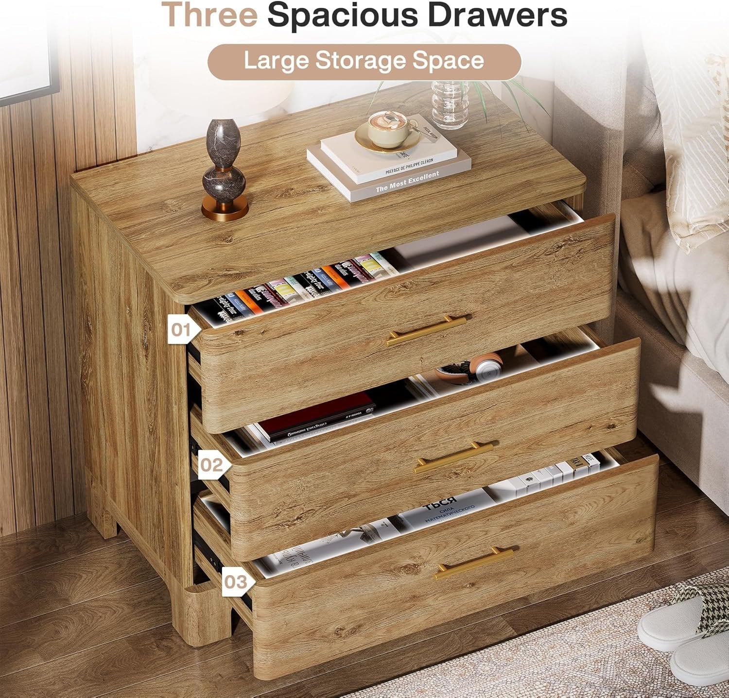 31.5" Farmhouse Nightstand, Oversized Bedside Table with 3 Storage Drawers