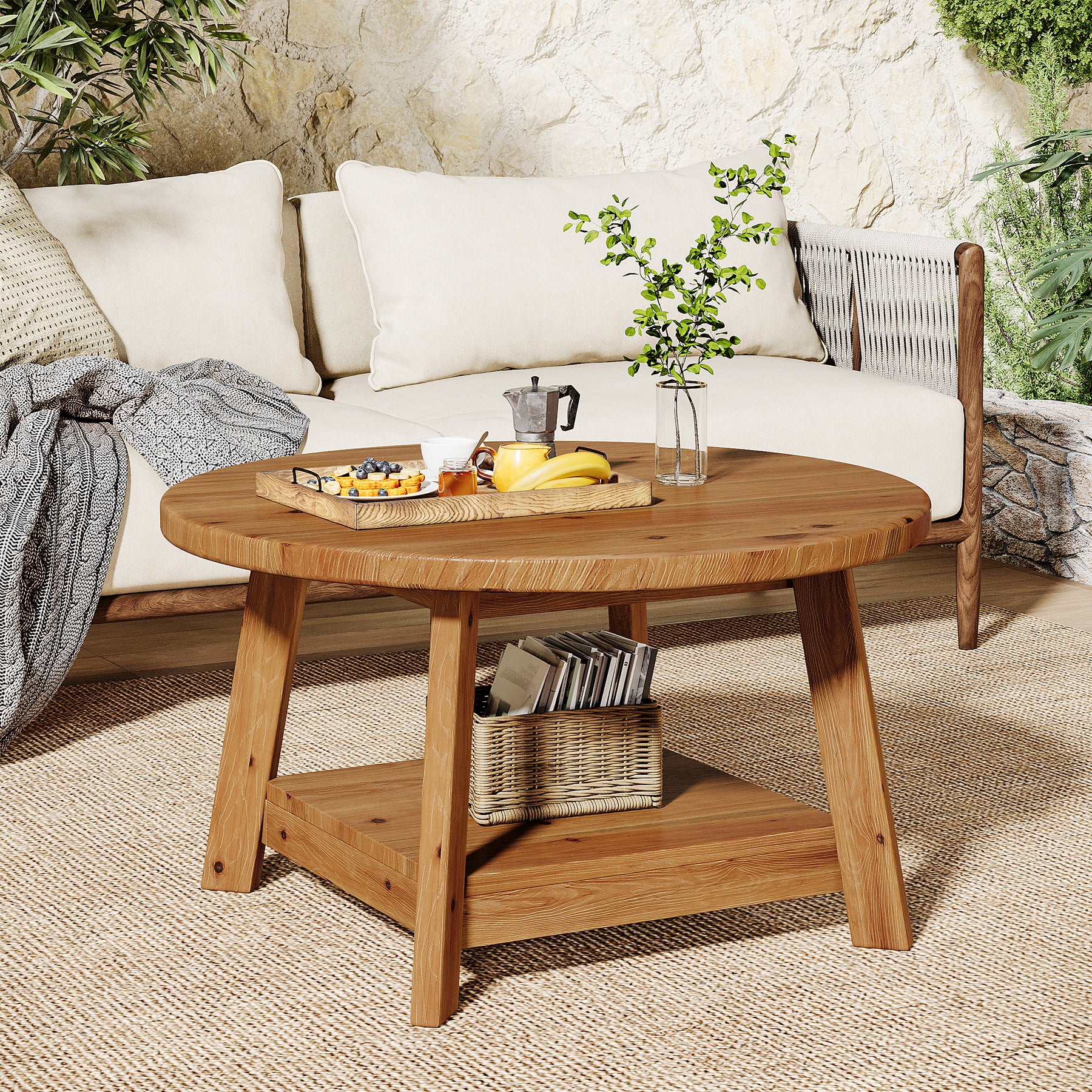 31.5" Round Coffee Table, 2-Tier Solid Wood Center Cocktail Accent Table
