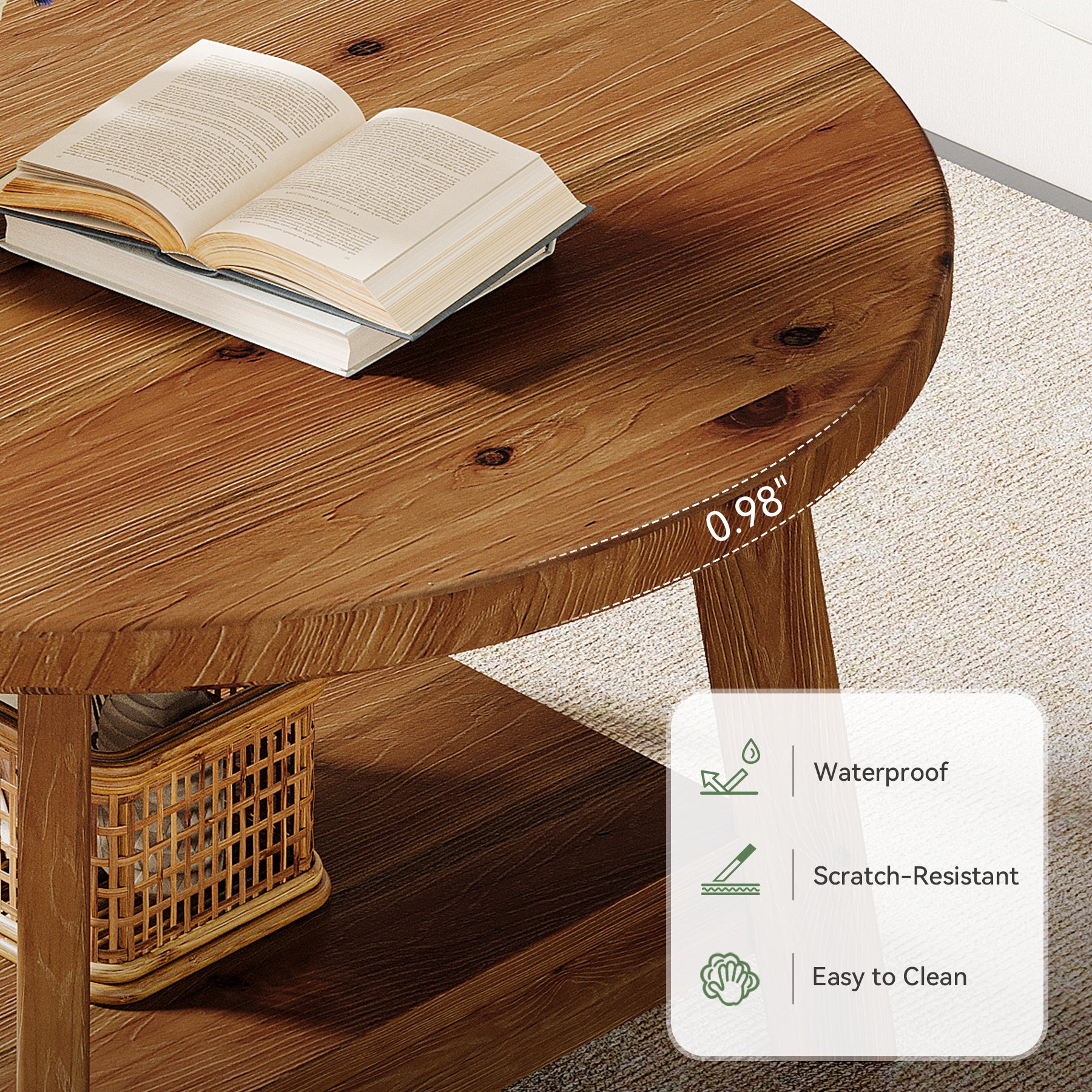 31.5" Round Coffee Table, 2-Tier Solid Wood Center Cocktail Accent Table