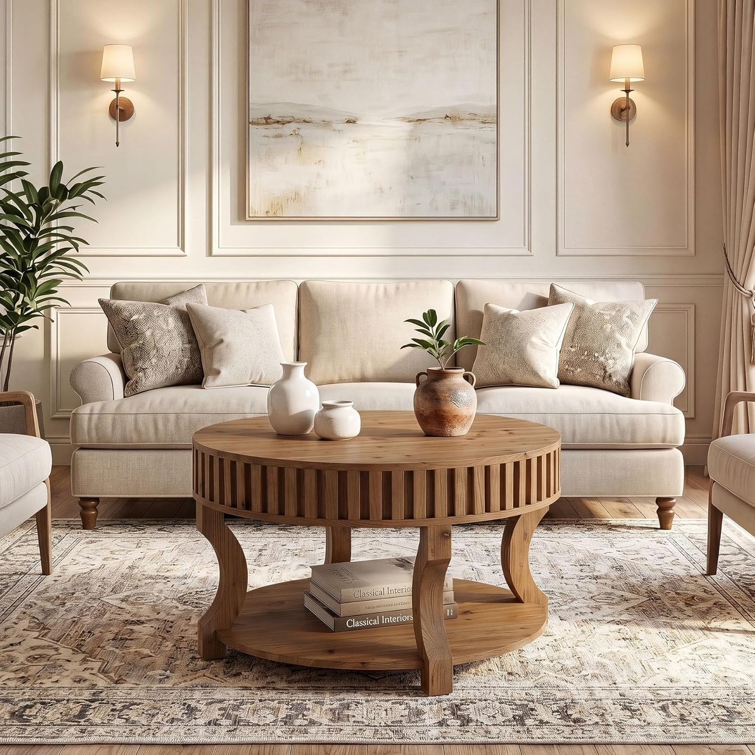 31.5" Round Coffee Table, Farmhouse 2-Tier Center Table with Storage for Living Room
