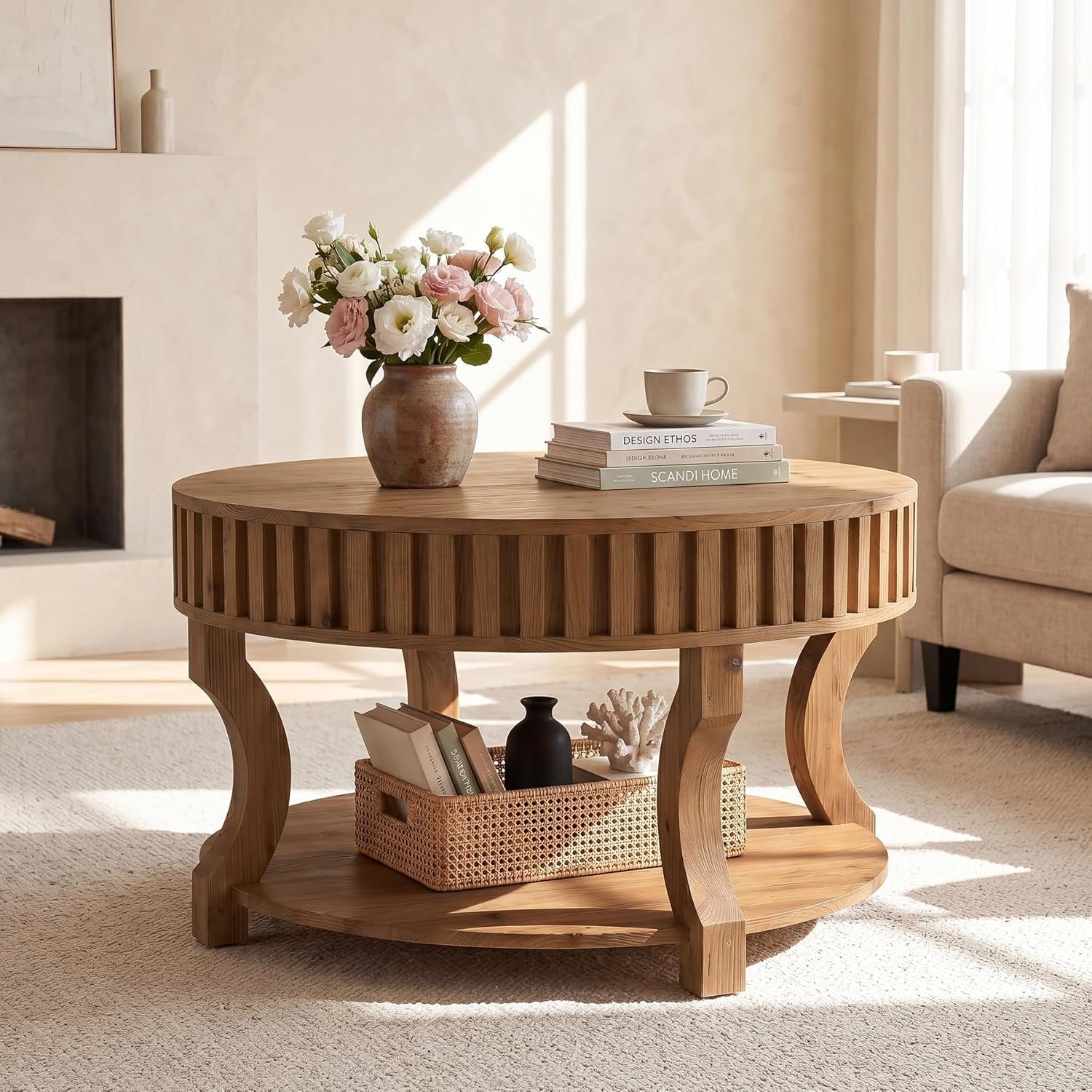 31.5" Round Coffee Table, Farmhouse 2-Tier Center Table with Storage for Living Room