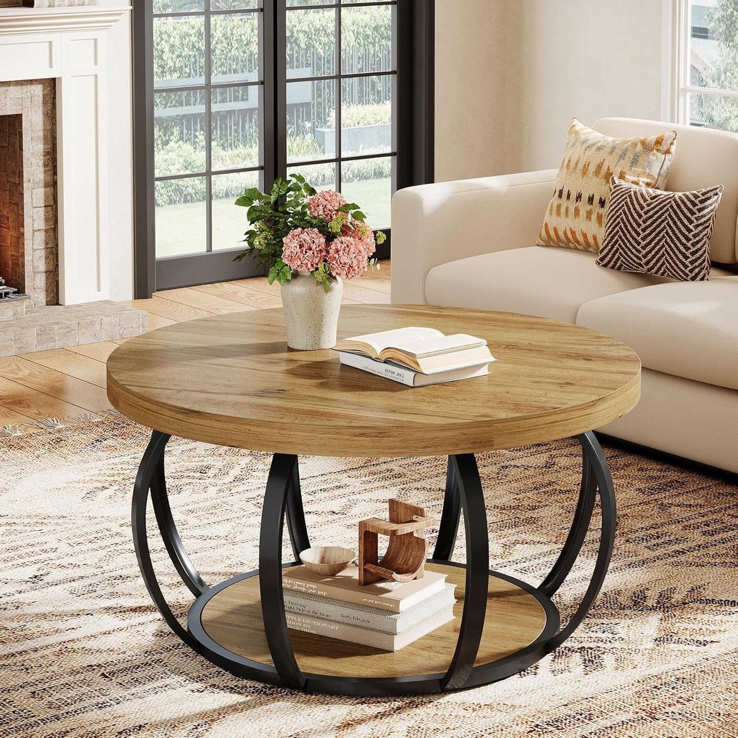 31.5" Round Coffee Table, Farmhouse Accent Center Table with 2-Tier Shelf