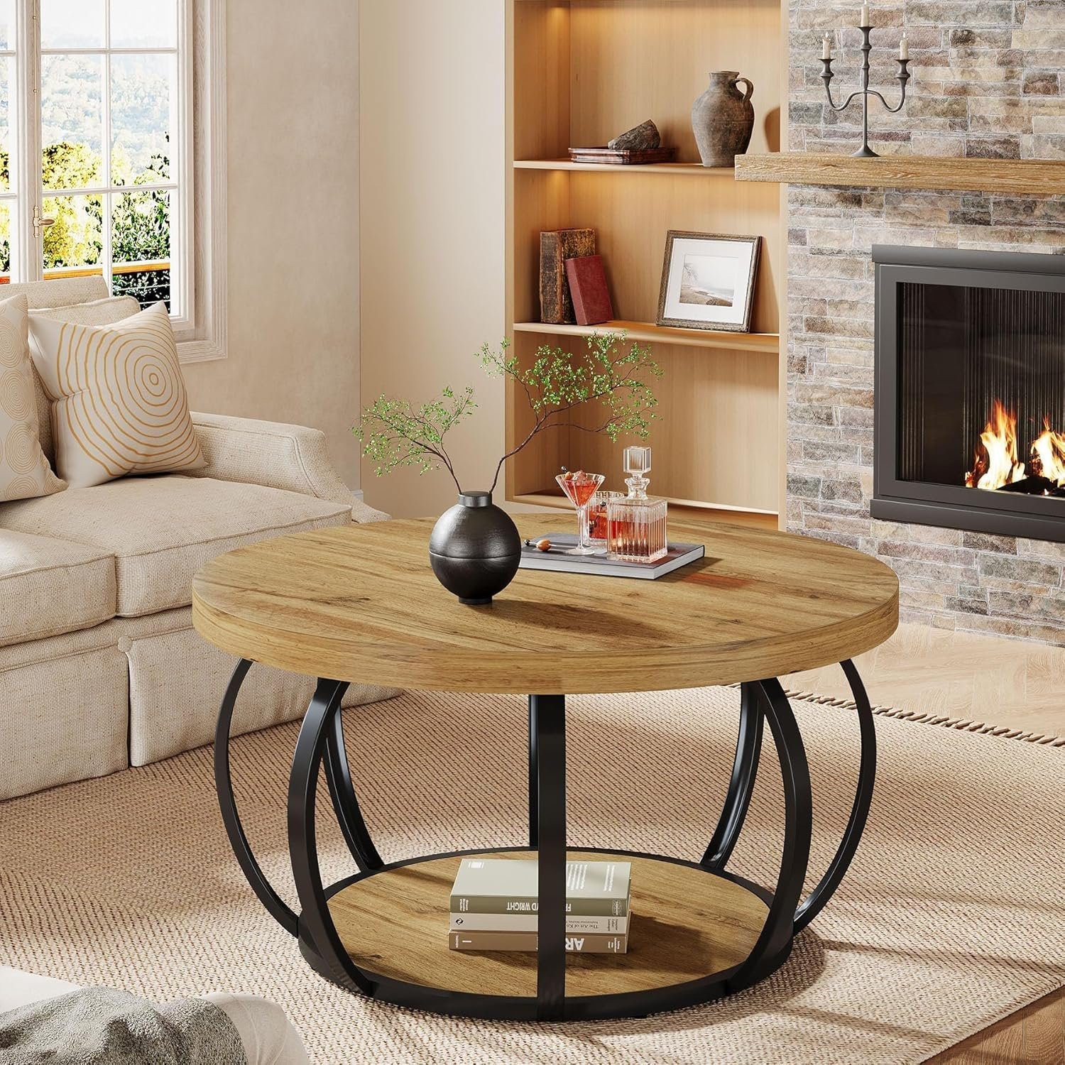 31.5" Round Coffee Table, Farmhouse Accent Center Table with 2-Tier Shelf
