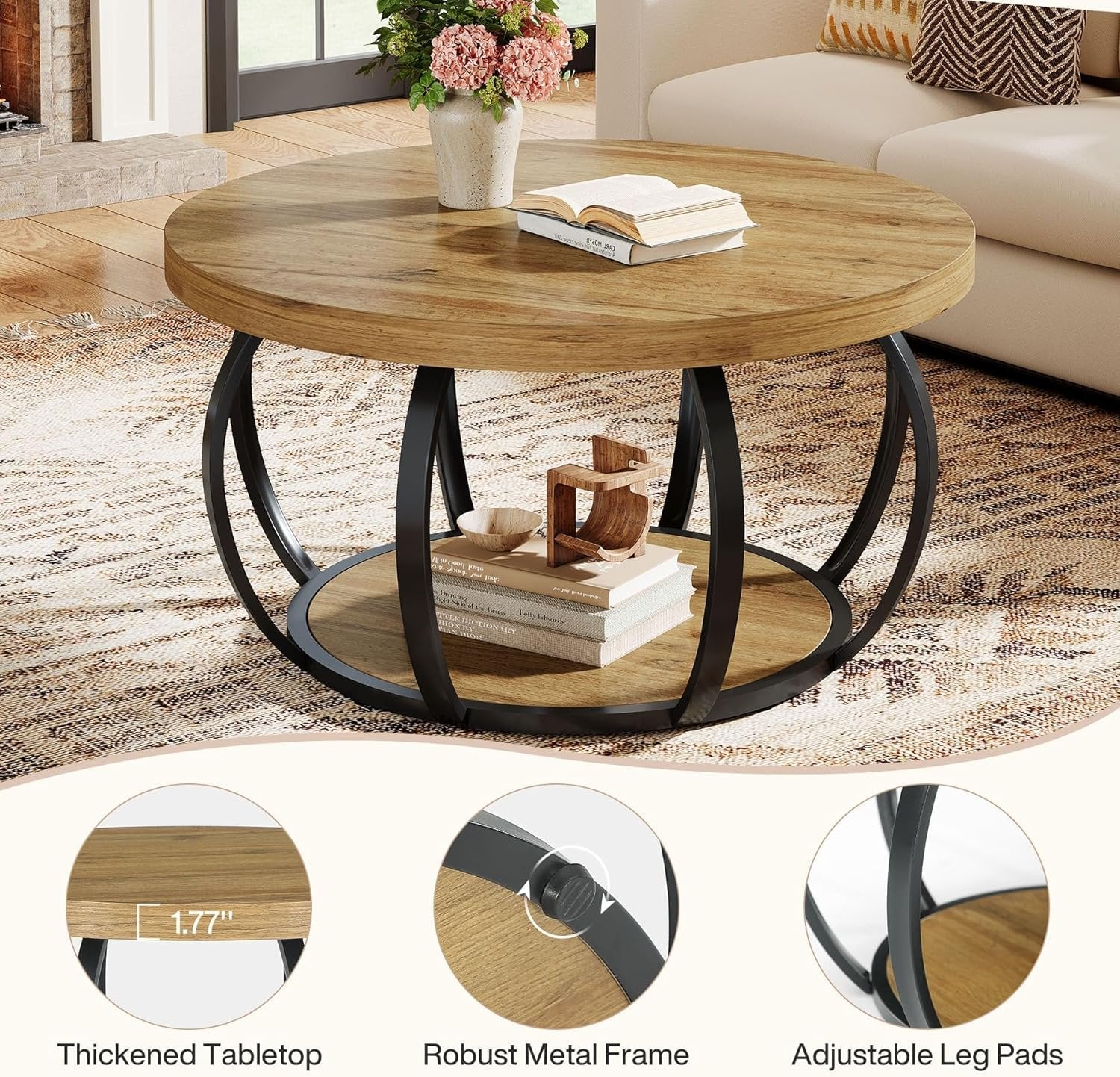31.5" Round Coffee Table, Farmhouse Accent Center Table with 2-Tier Shelf