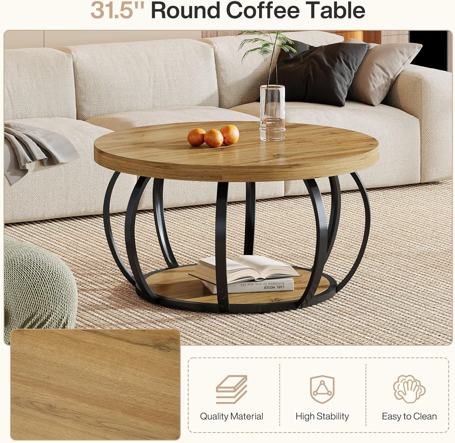 31.5" Round Coffee Table, Farmhouse Accent Center Table with 2-Tier Shelf