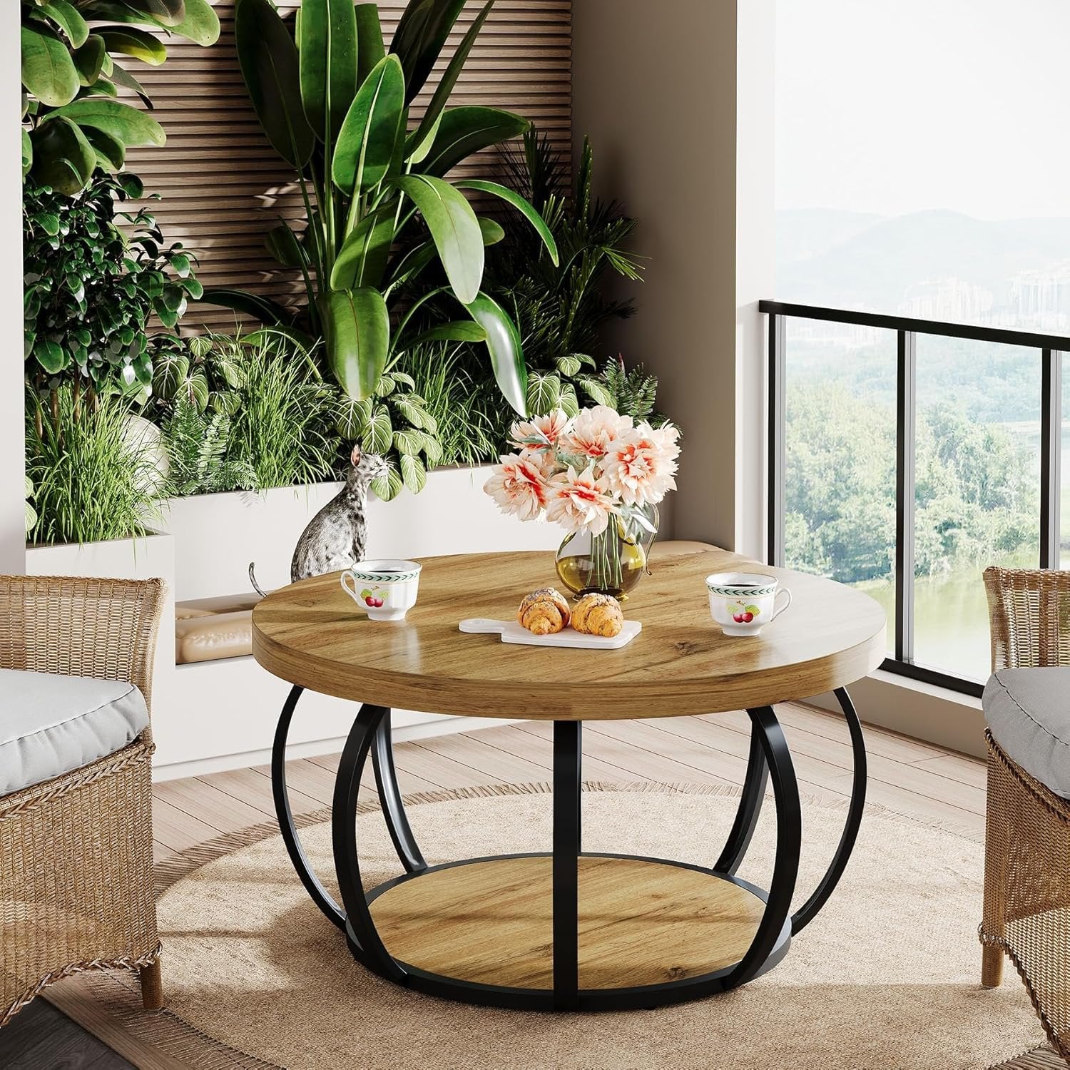 31.5" Round Coffee Table, Farmhouse Accent Center Table with 2-Tier Shelf