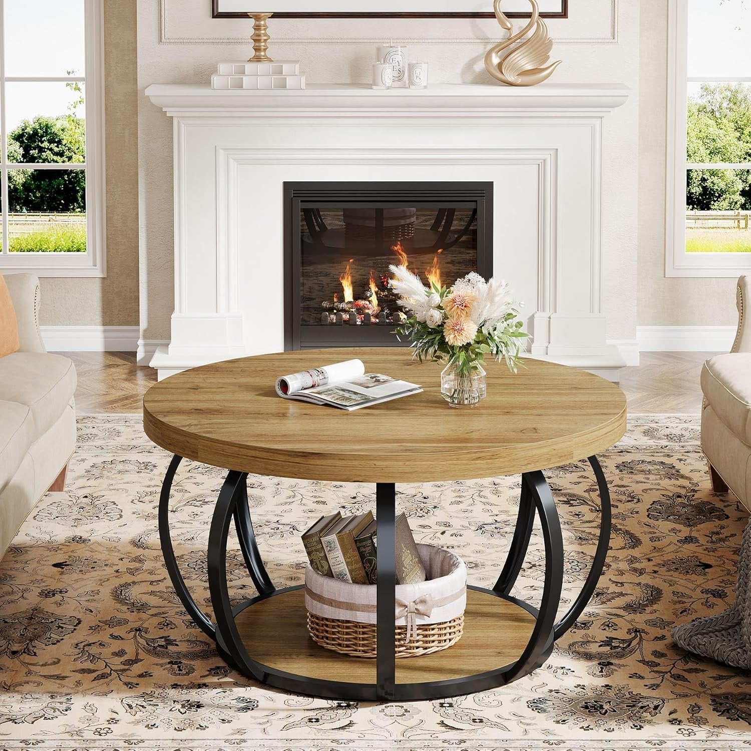 31.5" Round Coffee Table, Farmhouse Accent Center Table with 2-Tier Shelf