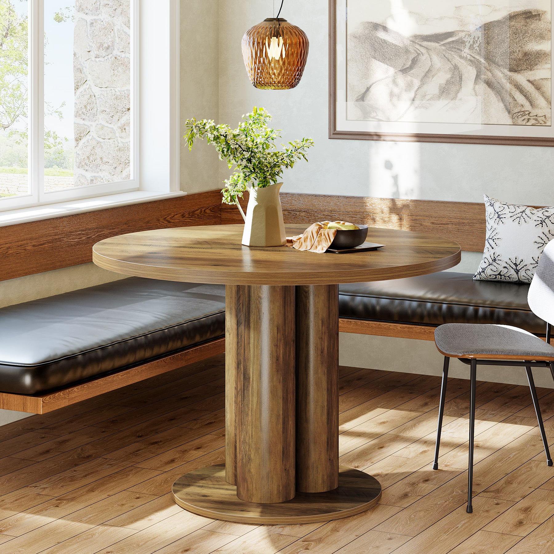 31.5" Round Dining Table, Farmhouse Pedestal Base Kitchen Table for 2-4 People