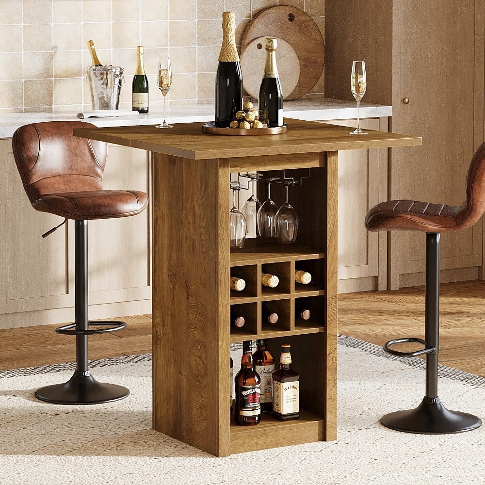 31.5" Square Bar Table, 4-Tier Counter Height Home Bar Unit with Glass Holders and Wine Racks
