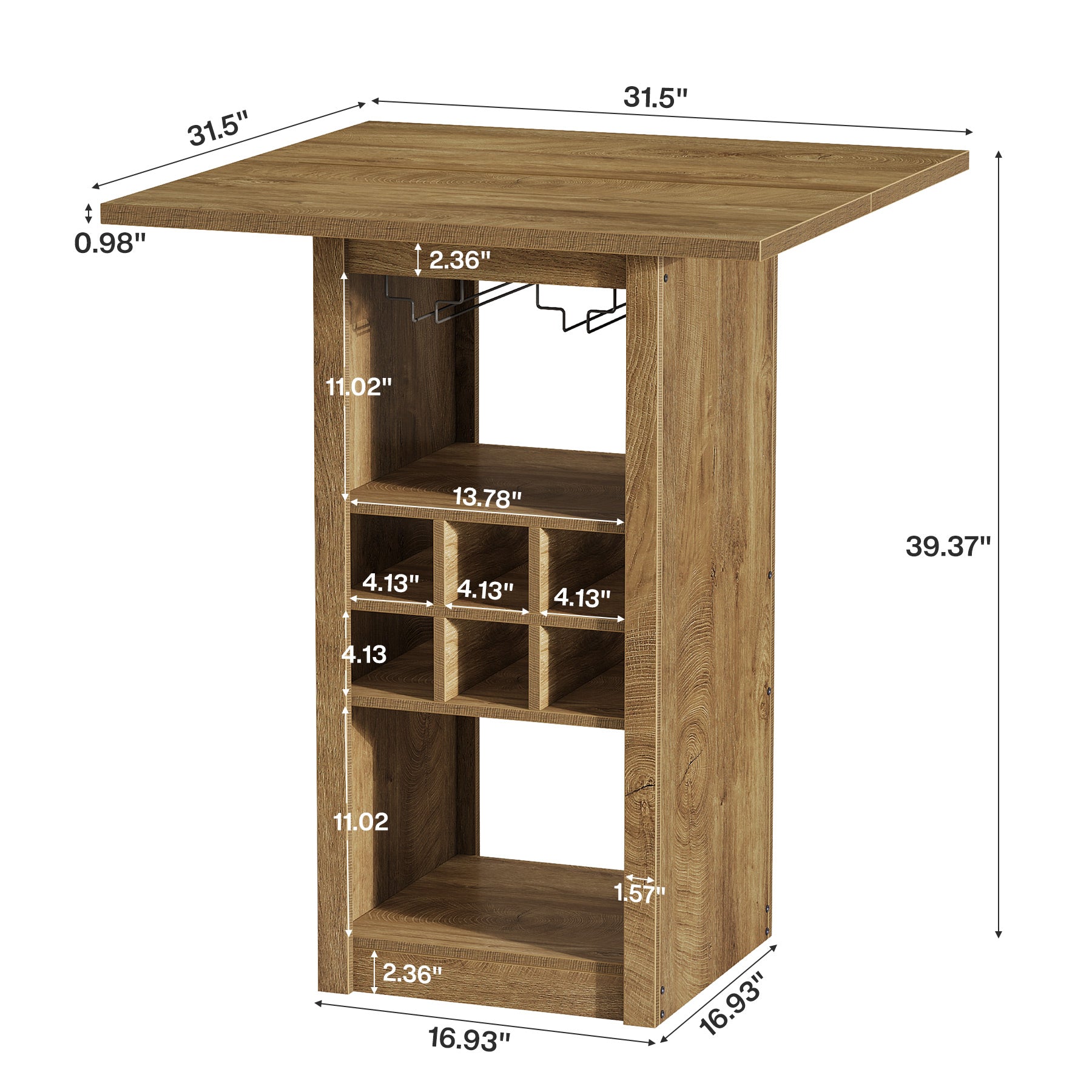 31.5" Square Bar Table, 4-Tier Counter Height Home Bar Unit with Glass Holders and Wine Racks