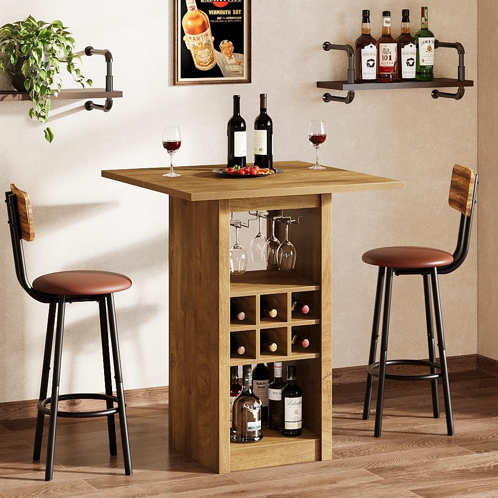 31.5" Square Bar Table, 4-Tier Counter Height Home Bar Unit with Glass Holders and Wine Racks