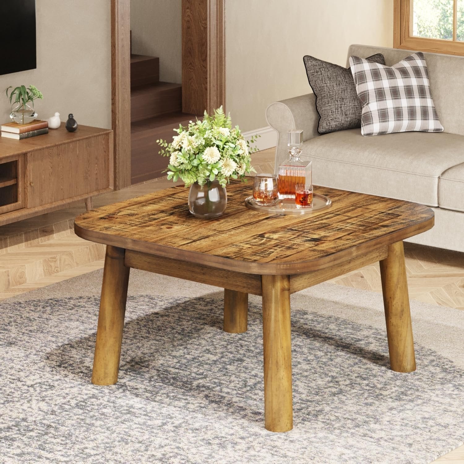 31.5" Square Coffee Table, Farmhouse Solid Wood Center Table with Rounded Corners