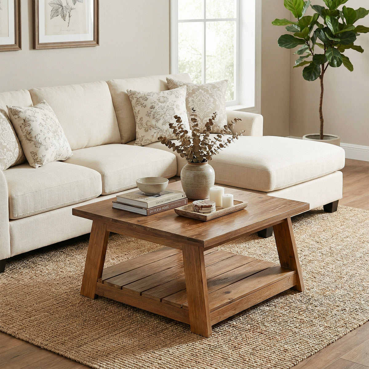 31.5" Square Coffee Table, Solid Wood 2-Tier Accent Center Cocktail Table