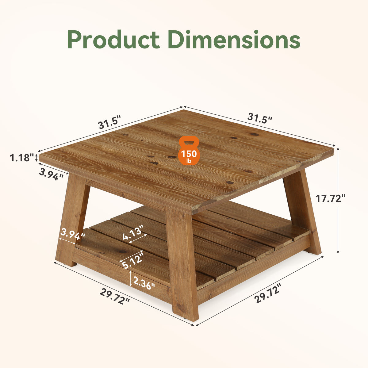 31.5" Square Coffee Table, Solid Wood 2-Tier Accent Center Cocktail Table