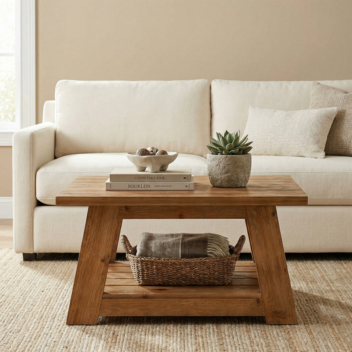 31.5" Square Coffee Table, Solid Wood 2-Tier Accent Center Cocktail Table