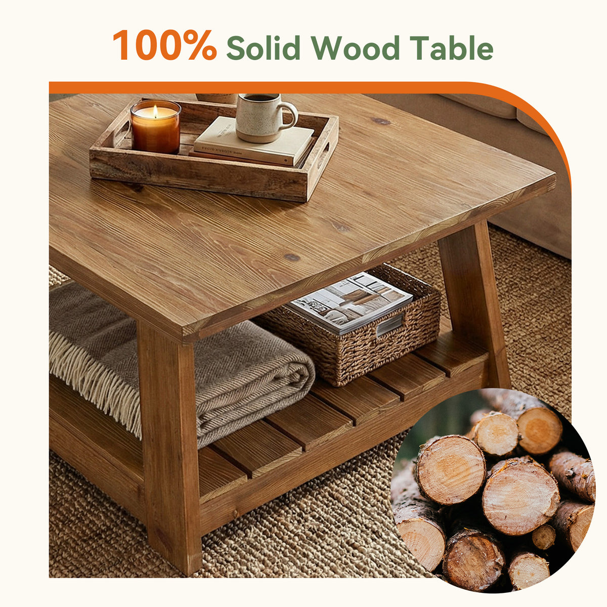 31.5" Square Coffee Table, Solid Wood 2-Tier Accent Center Cocktail Table