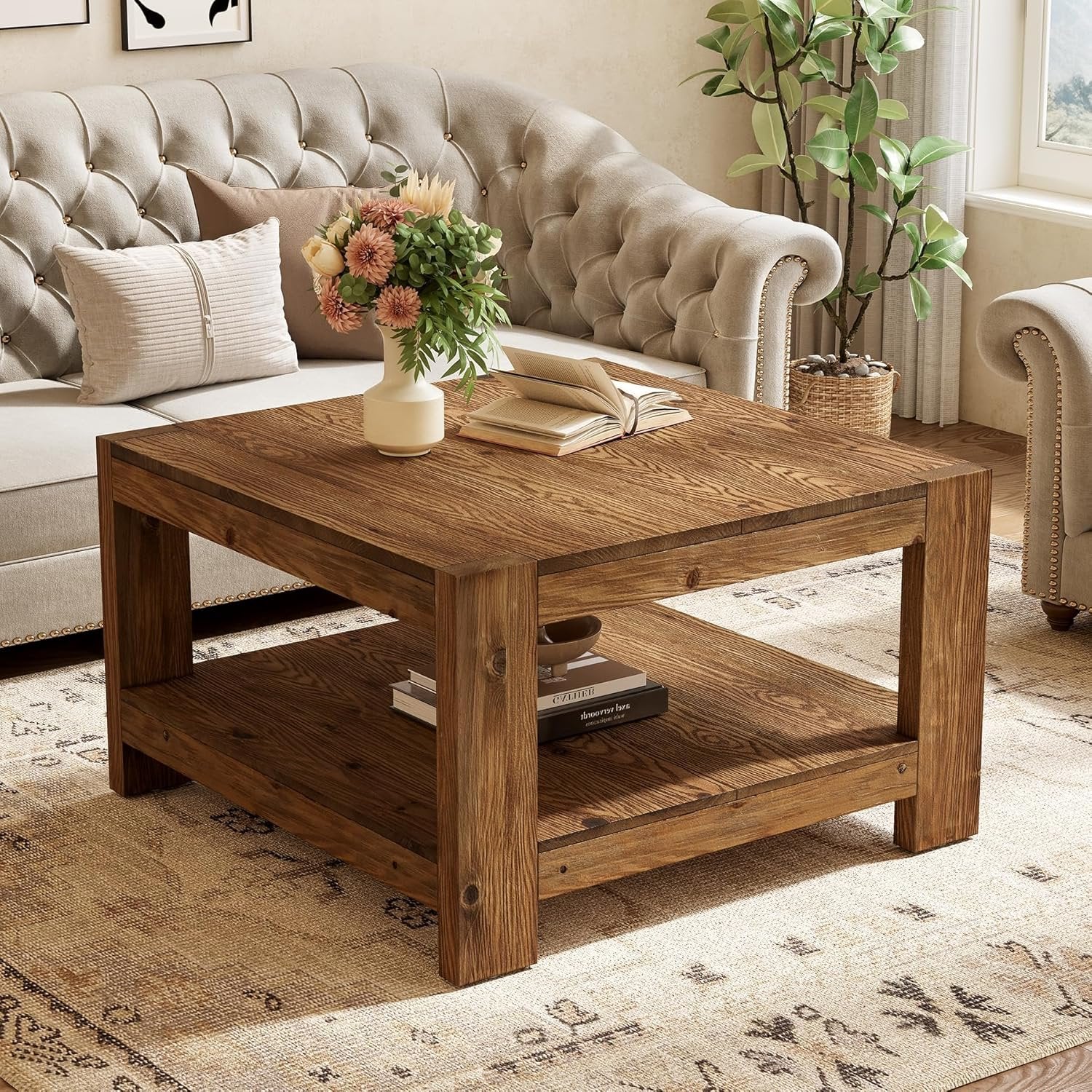 31.5" Wood Coffee Table, Square Farmhouse Center Table with Storage Shelf
