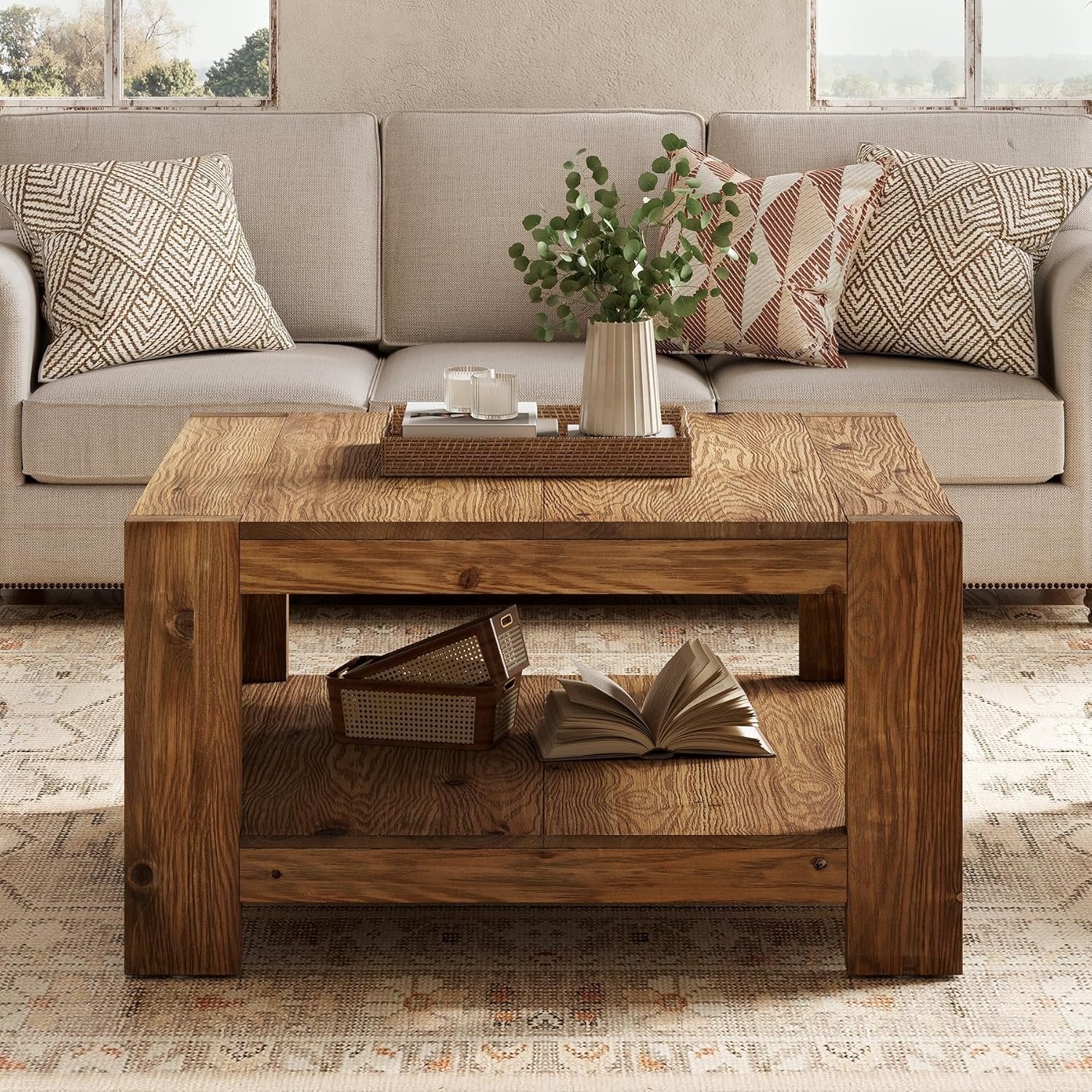31.5" Wood Coffee Table, Square Farmhouse Center Table with Storage Shelf