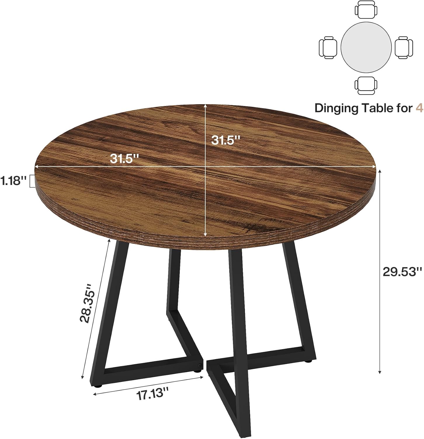 31.5" Dining Table, Industrial Kitchen Dinner Table with Metal Base Tribesigns