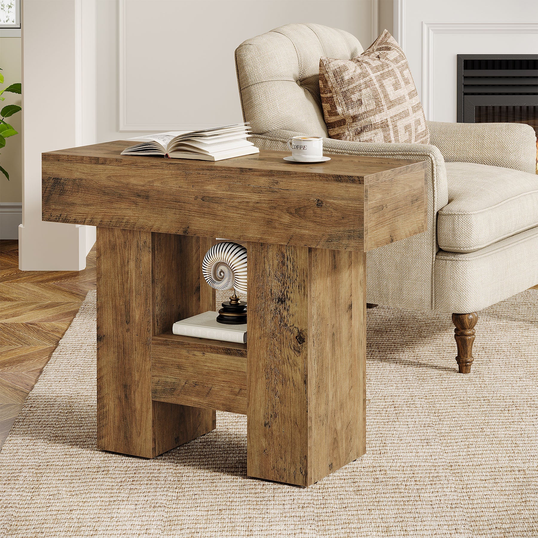 31.5" End Table, Farmhouse Sofa Side Table with 2 - Tier Shelf and Heavy Duty Base Tribesigns
