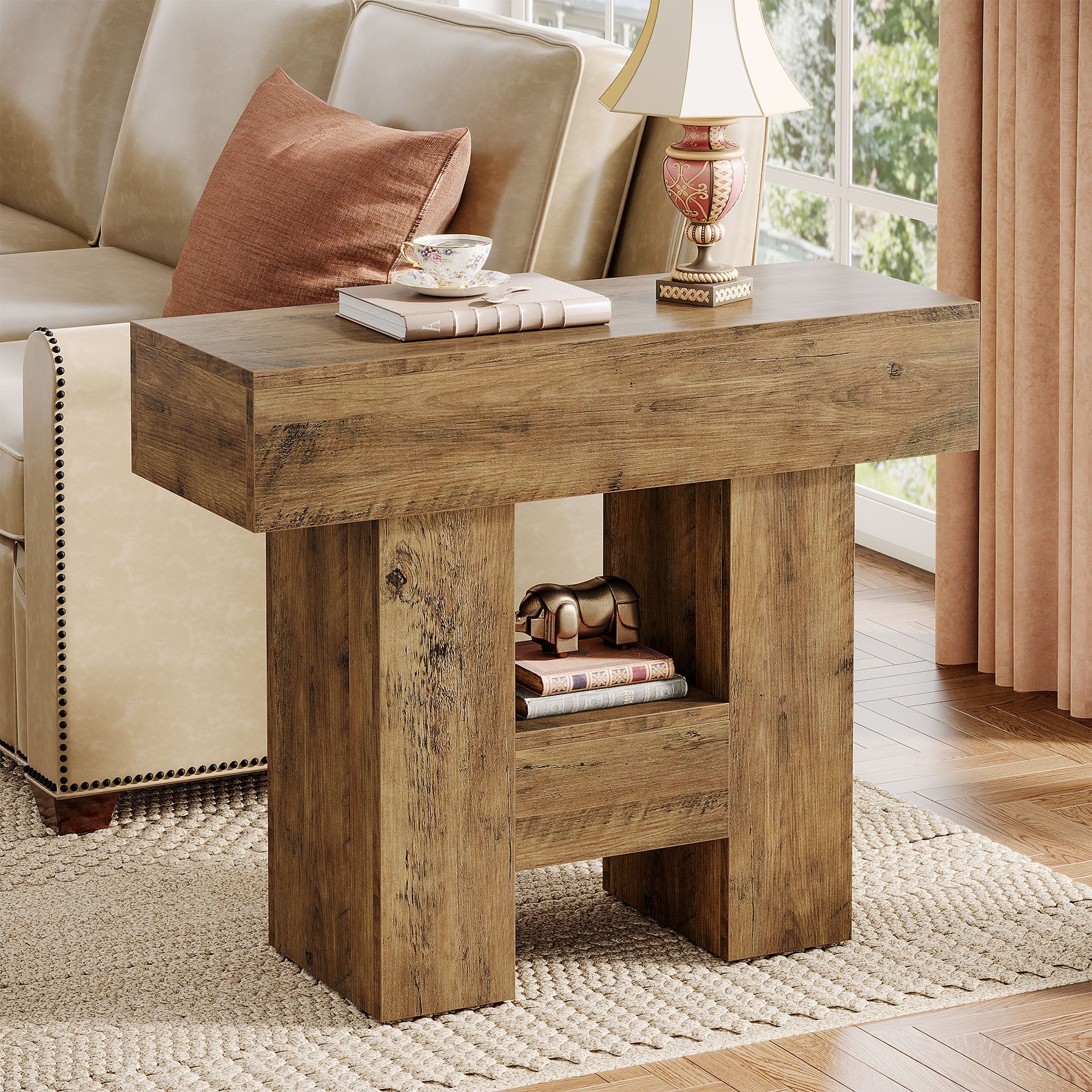 31.5" End Table, Farmhouse Sofa Side Table with 2 - Tier Shelf and Heavy Duty Base Tribesigns