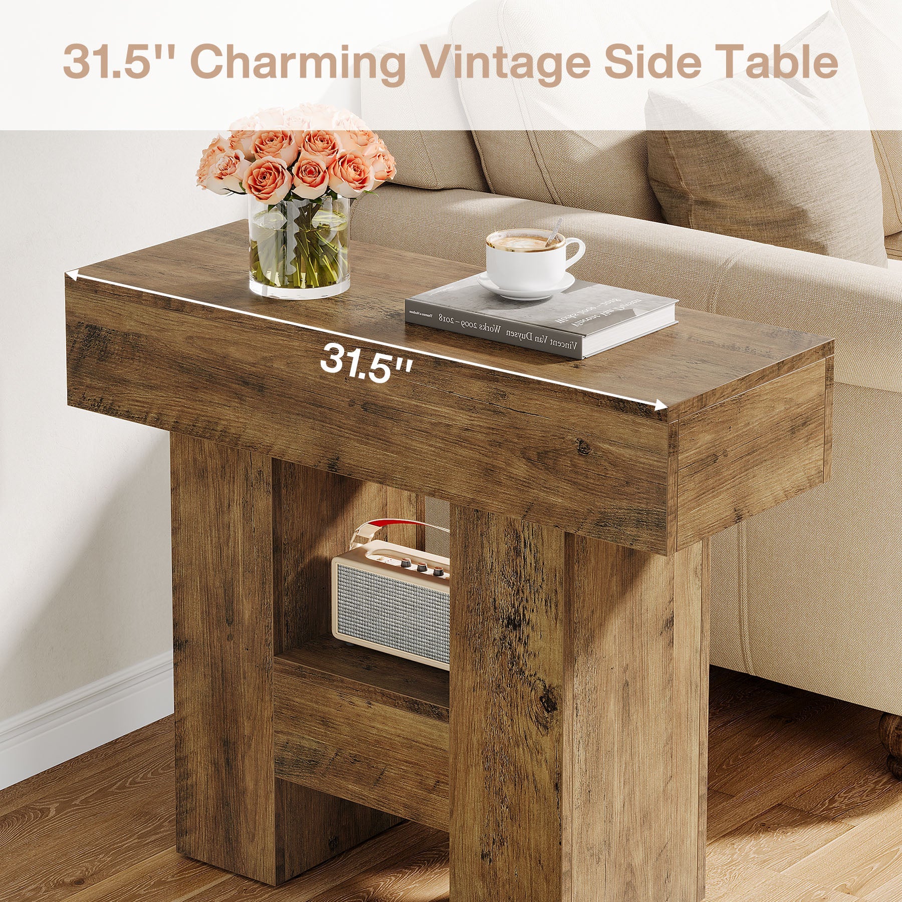 31.5" End Table, Farmhouse Sofa Side Table with 2 - Tier Shelf and Heavy Duty Base Tribesigns