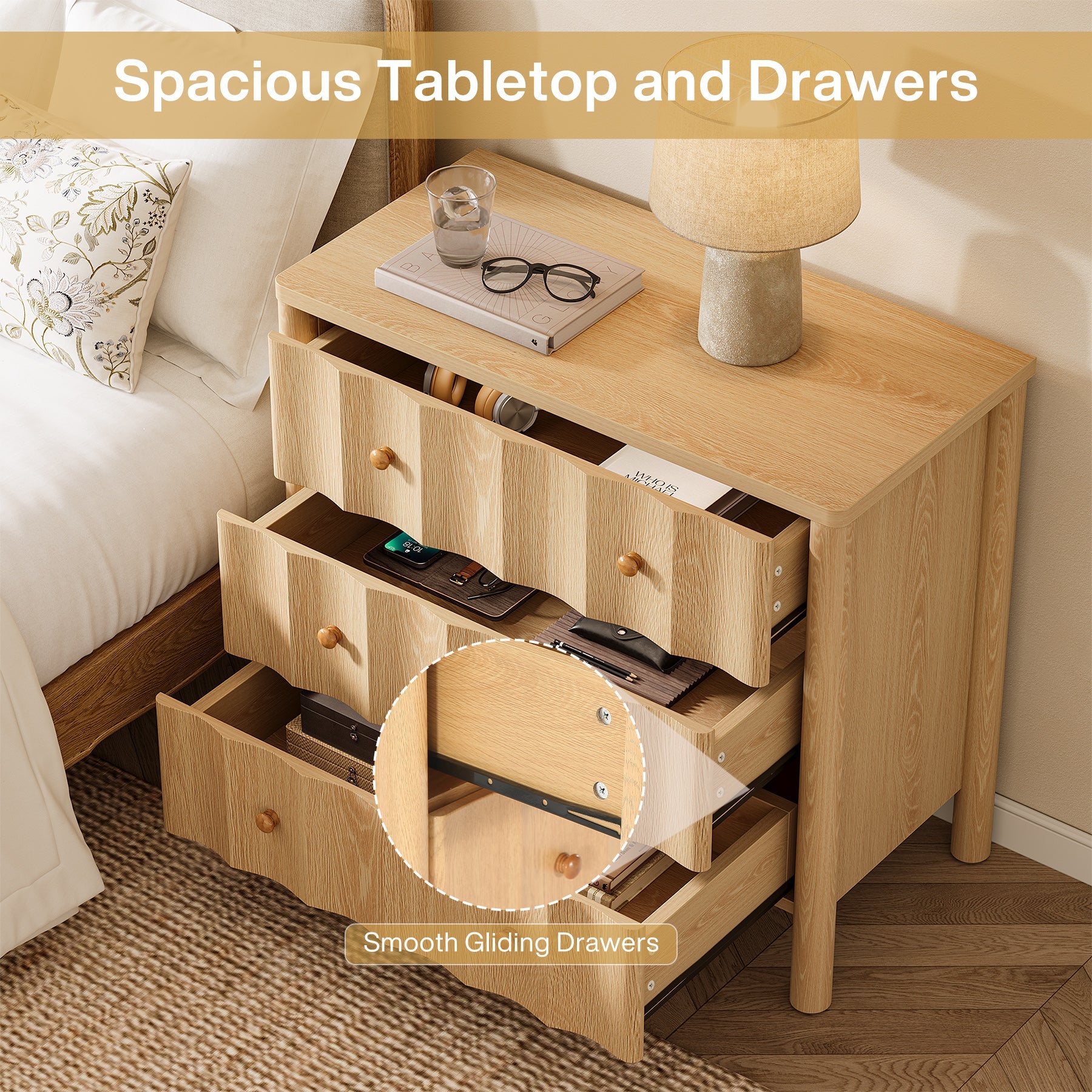 31.5" Nightstand, Modern Oversized Bedside Table with 3 Drawers Tribesigns