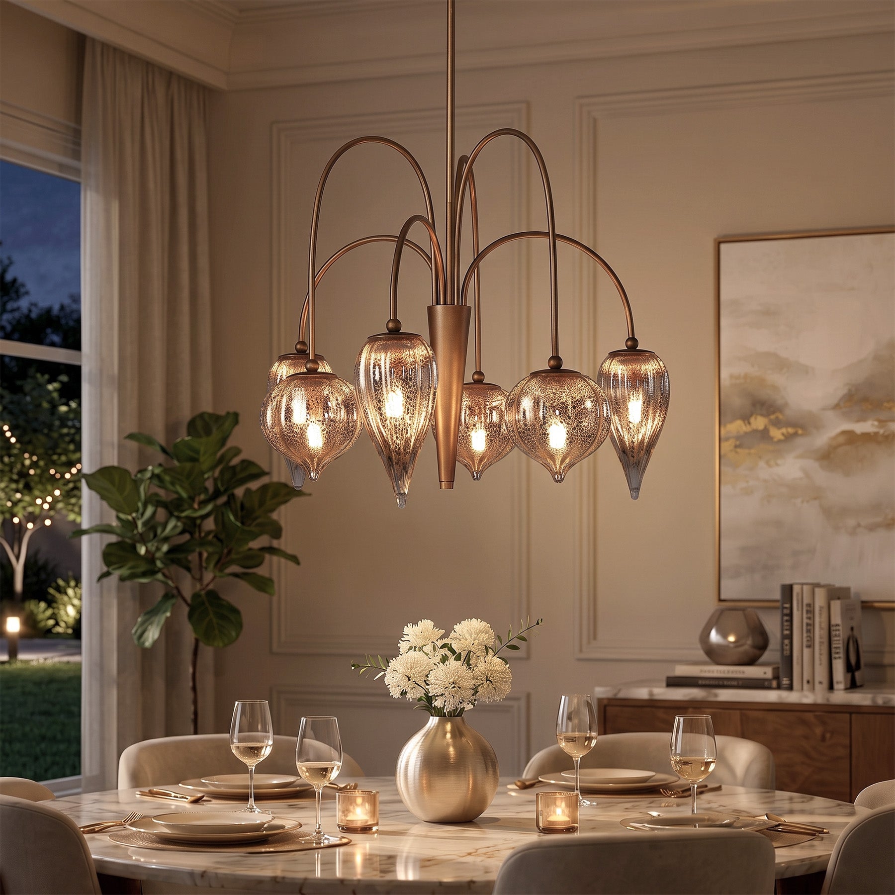 6-Light Brass Chandelier, Modern Pendant Lighting with Mixed Round & Teardrop Mercury Glass