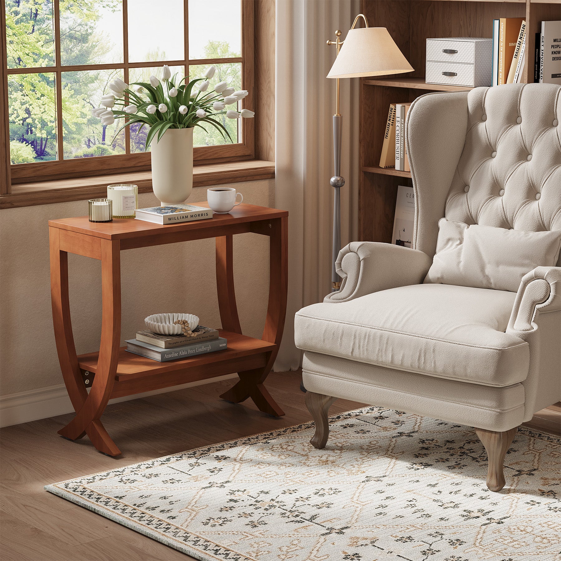 Solid Wood End Table, 2-Tier Couch Side Table with Arched Legs