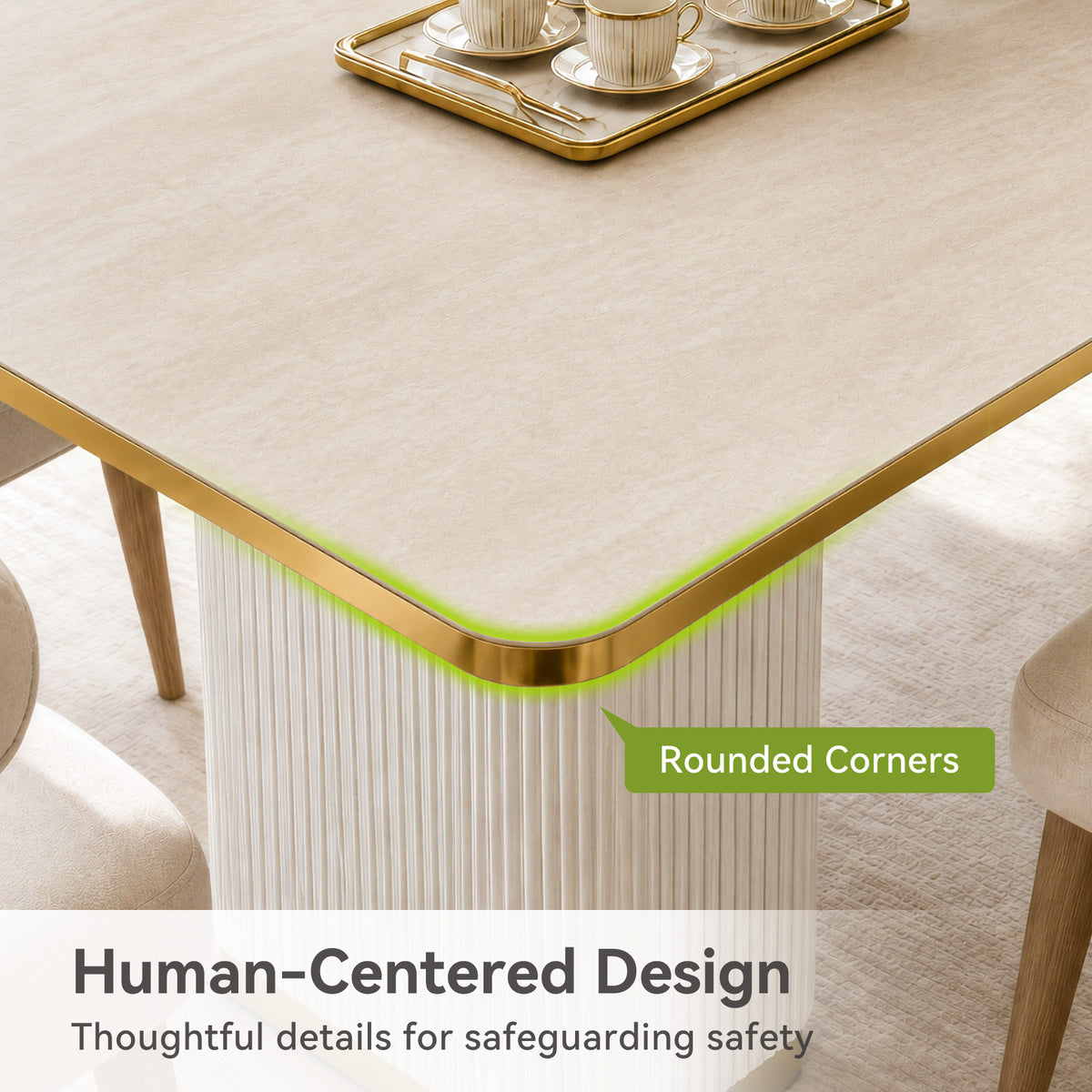 71" Sintered Stone Dining Table, Rectangular Kitchen Table with Fluted MDF Pedestal Base for 4-8