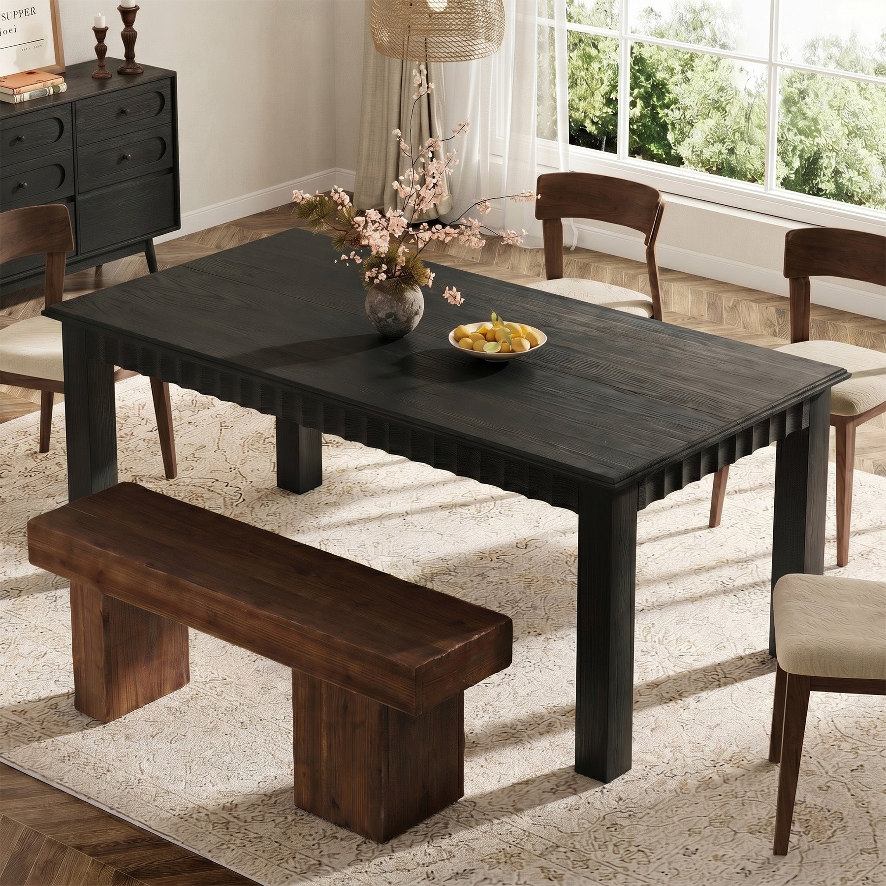 63" Solid Wood Dining Table, Rectangular Kitchen Dinner Table for 4-6