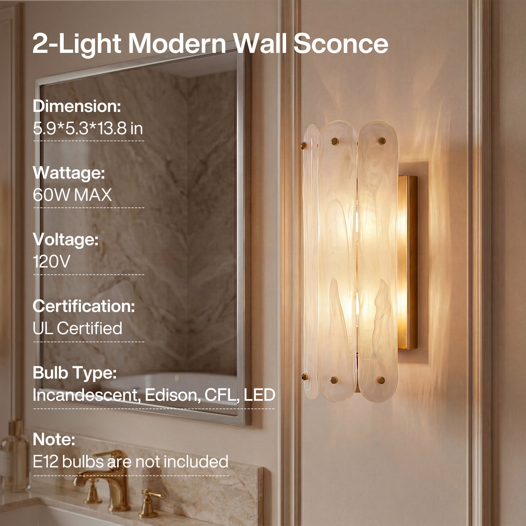 2-Light Modern Wall Sconce, 13.78" Wall Light Fixture with Glass Shade