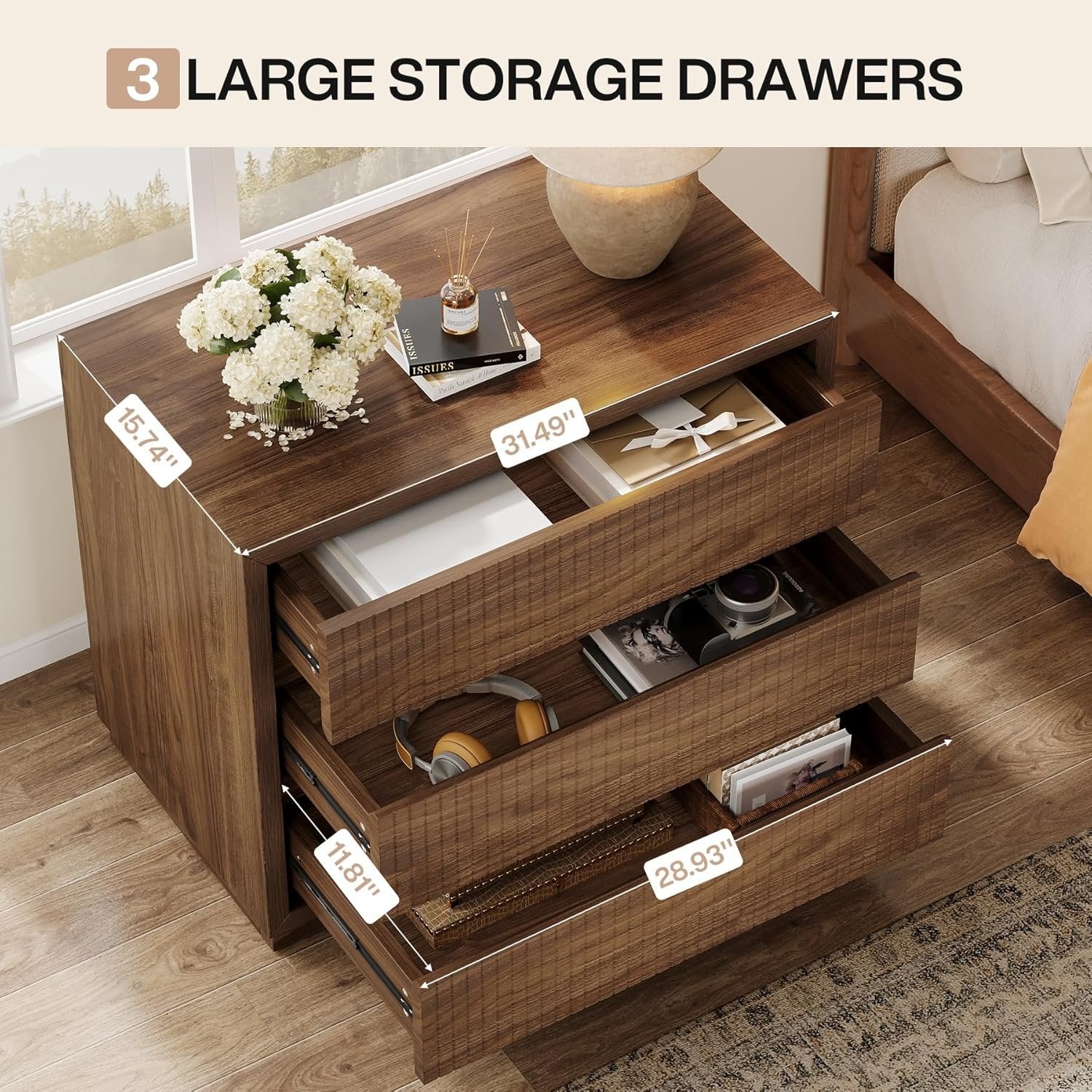 31" Oversized Nightstand, Fluted Bedside Table with 3 Storage Drawers