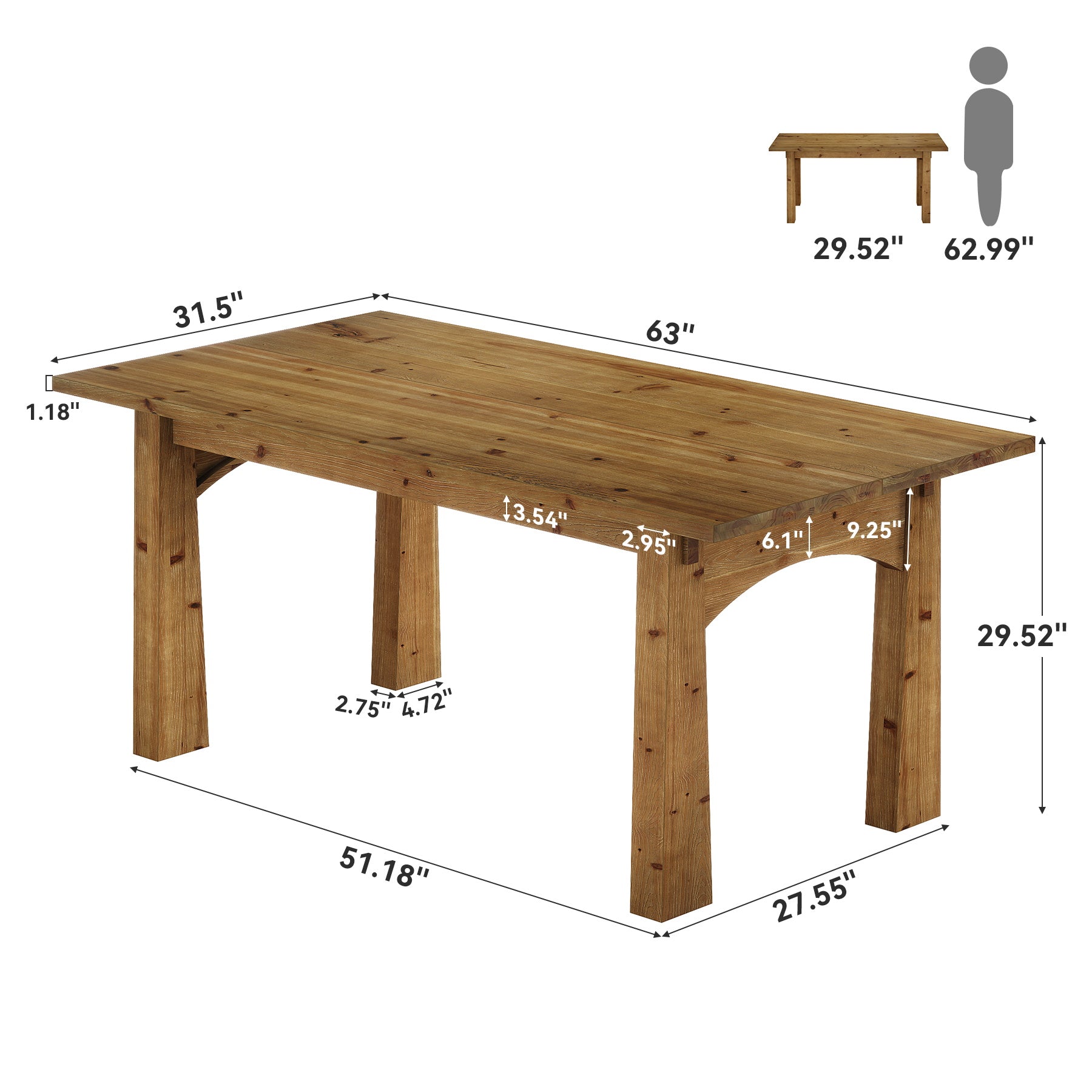 Solid Wood Dining Table, 63" Rectangular Kitchen Table for 4-6 People