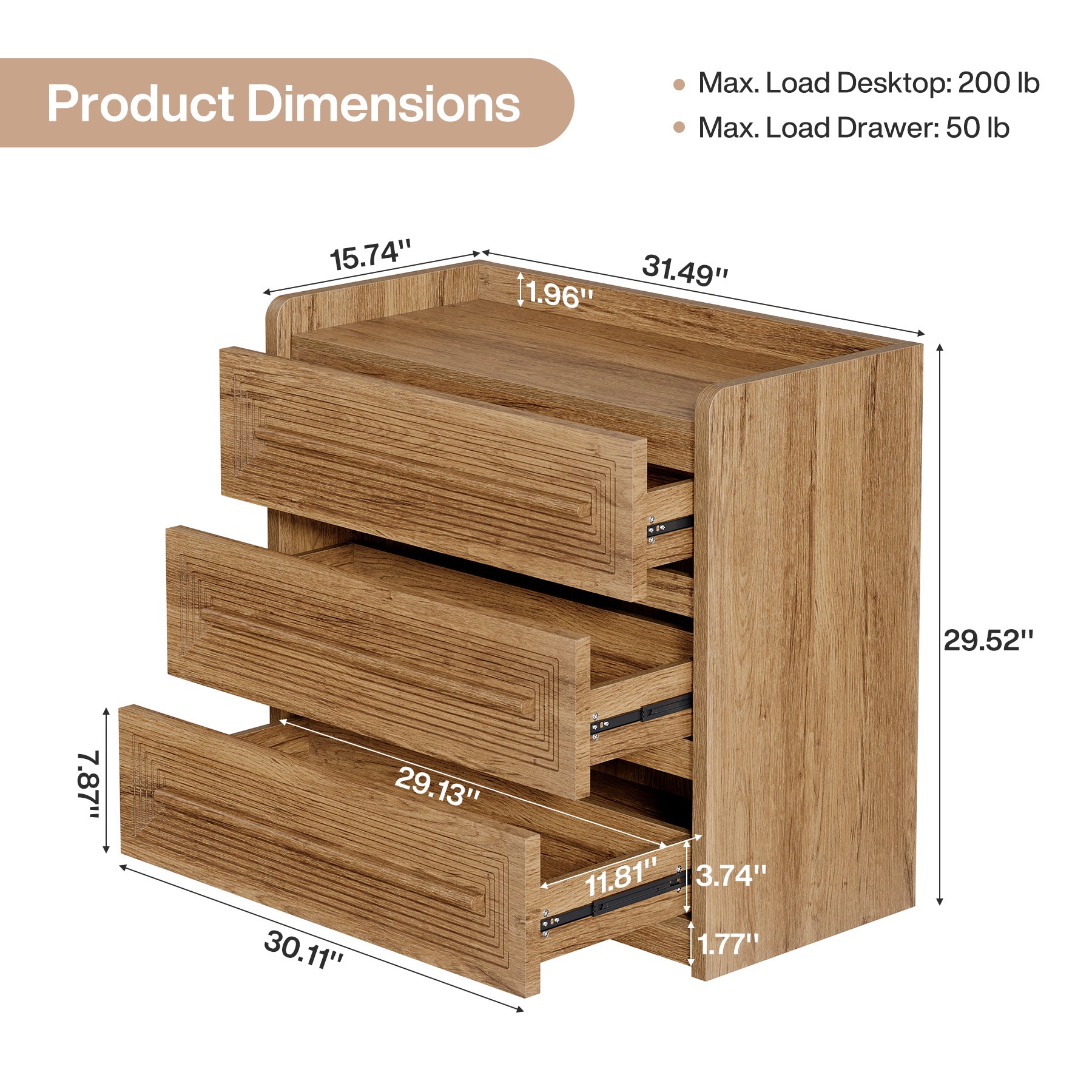 3-Drawer Nightstand, 32" Large Bedside Table Oversized End Table