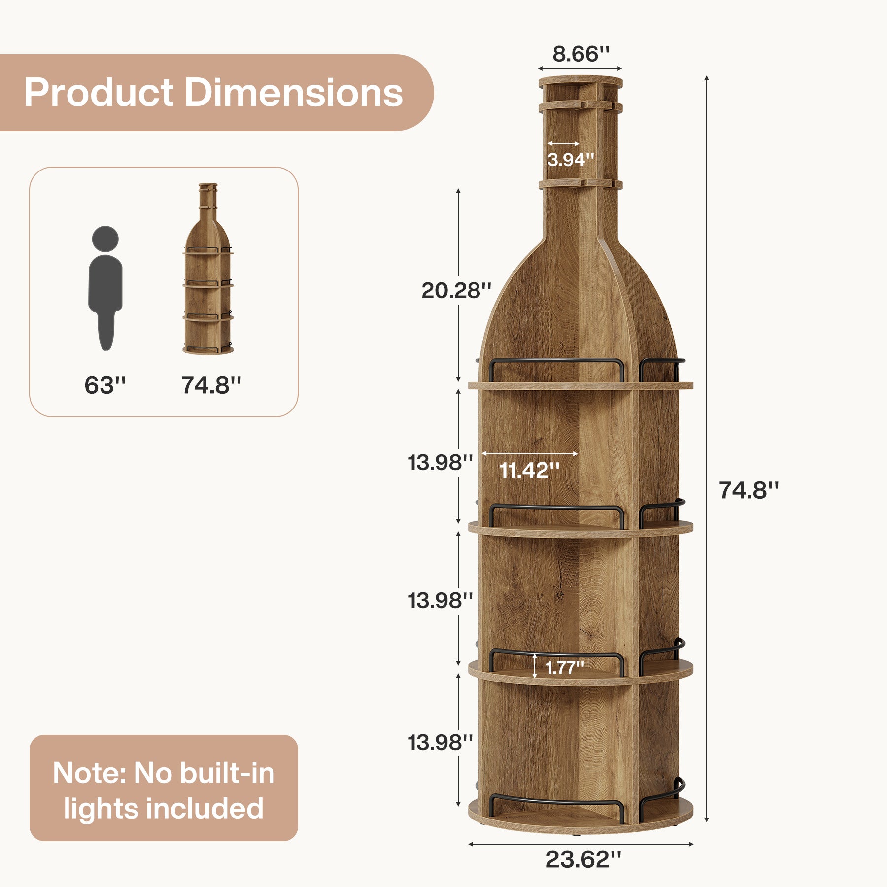 75" Wine Rack with Shelves, Round Wine Cabinet with Hanging Goblet Holder (No Lights)