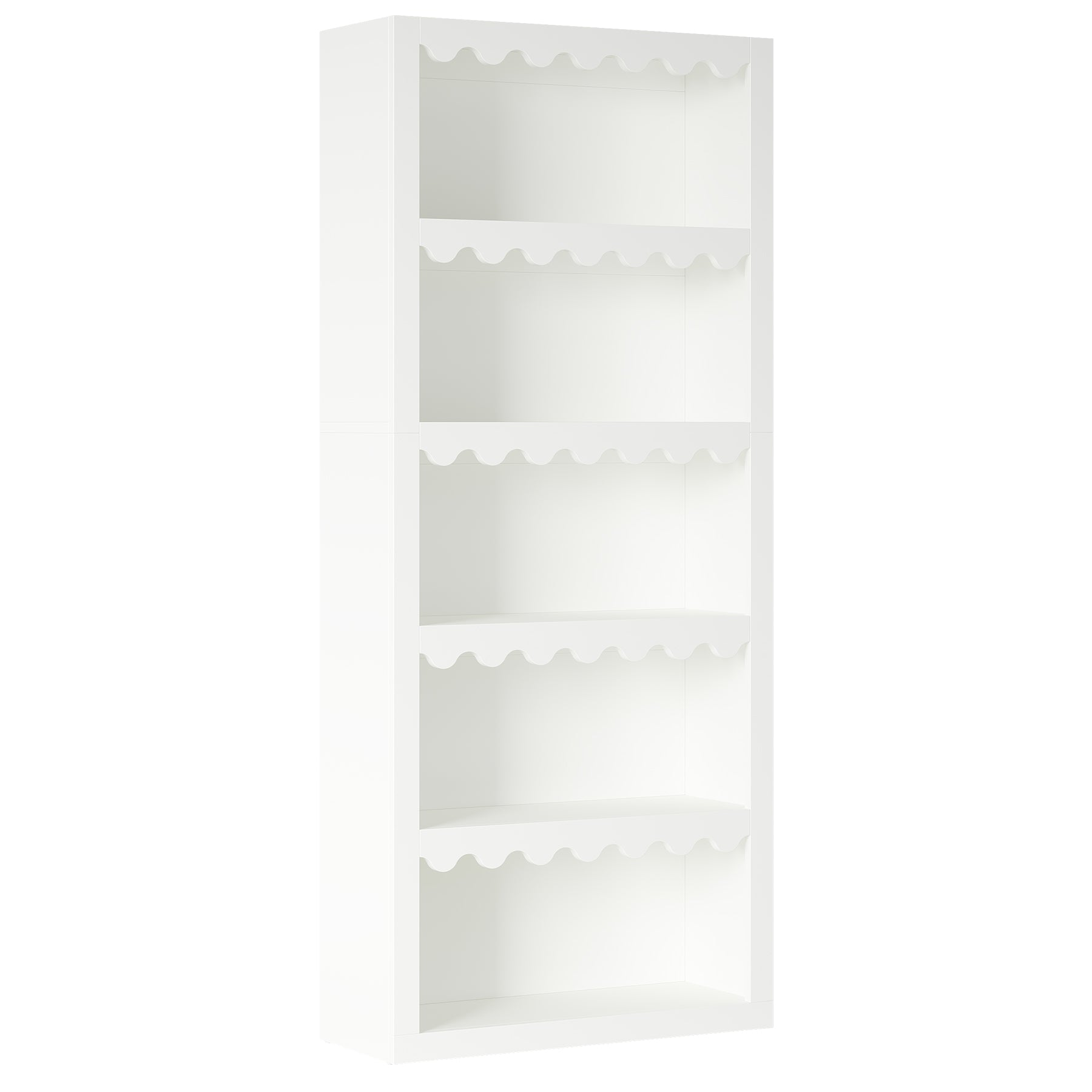 70" Tall 5-Tier White Bookcase, Open Bookshelf with Scalloped Edges