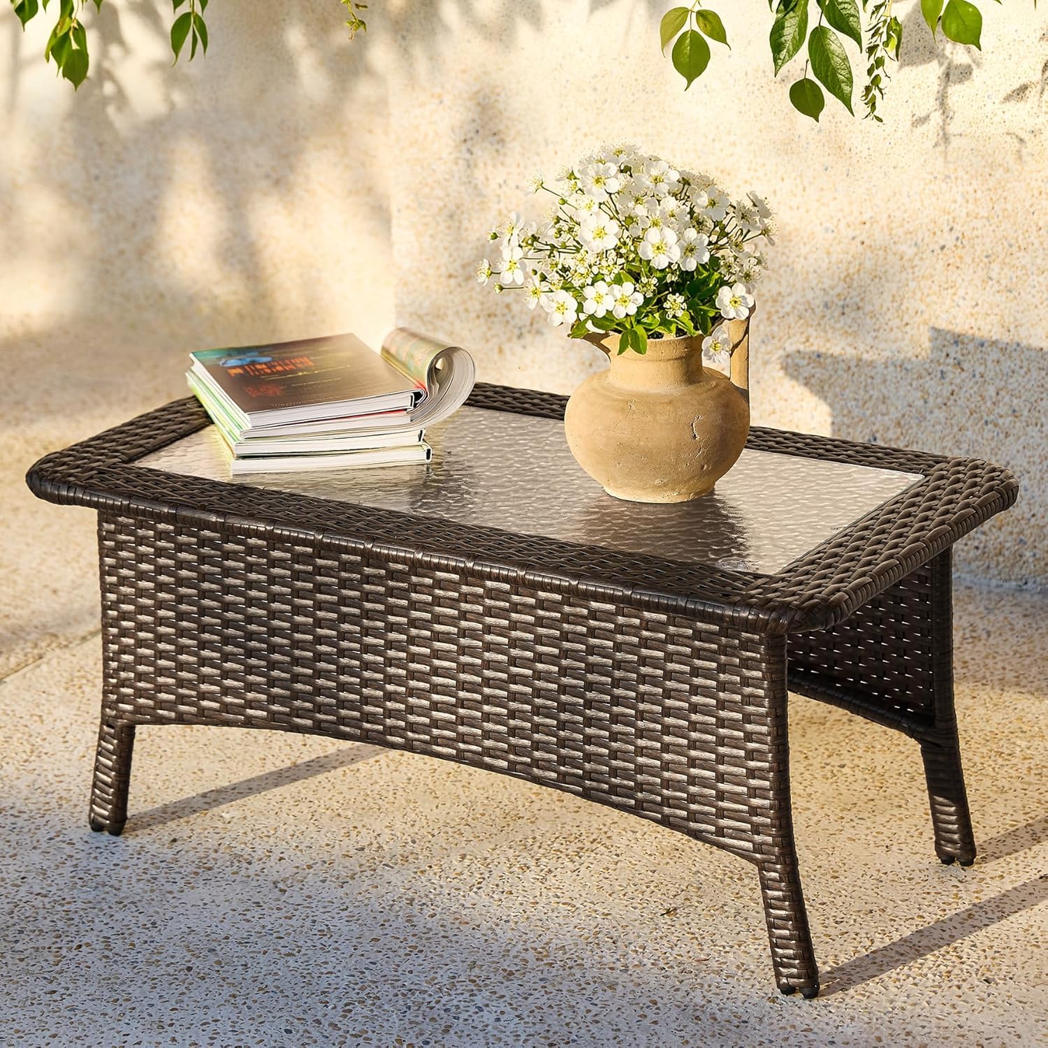35.4" Outdoor Coffee Table, Rectangular Wicker Center Table With Glass Top