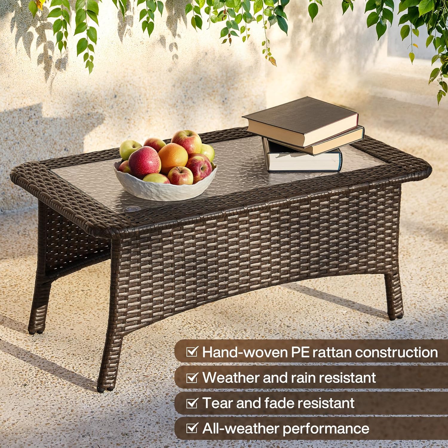35.4" Outdoor Coffee Table, Rectangular Wicker Center Table With Glass Top