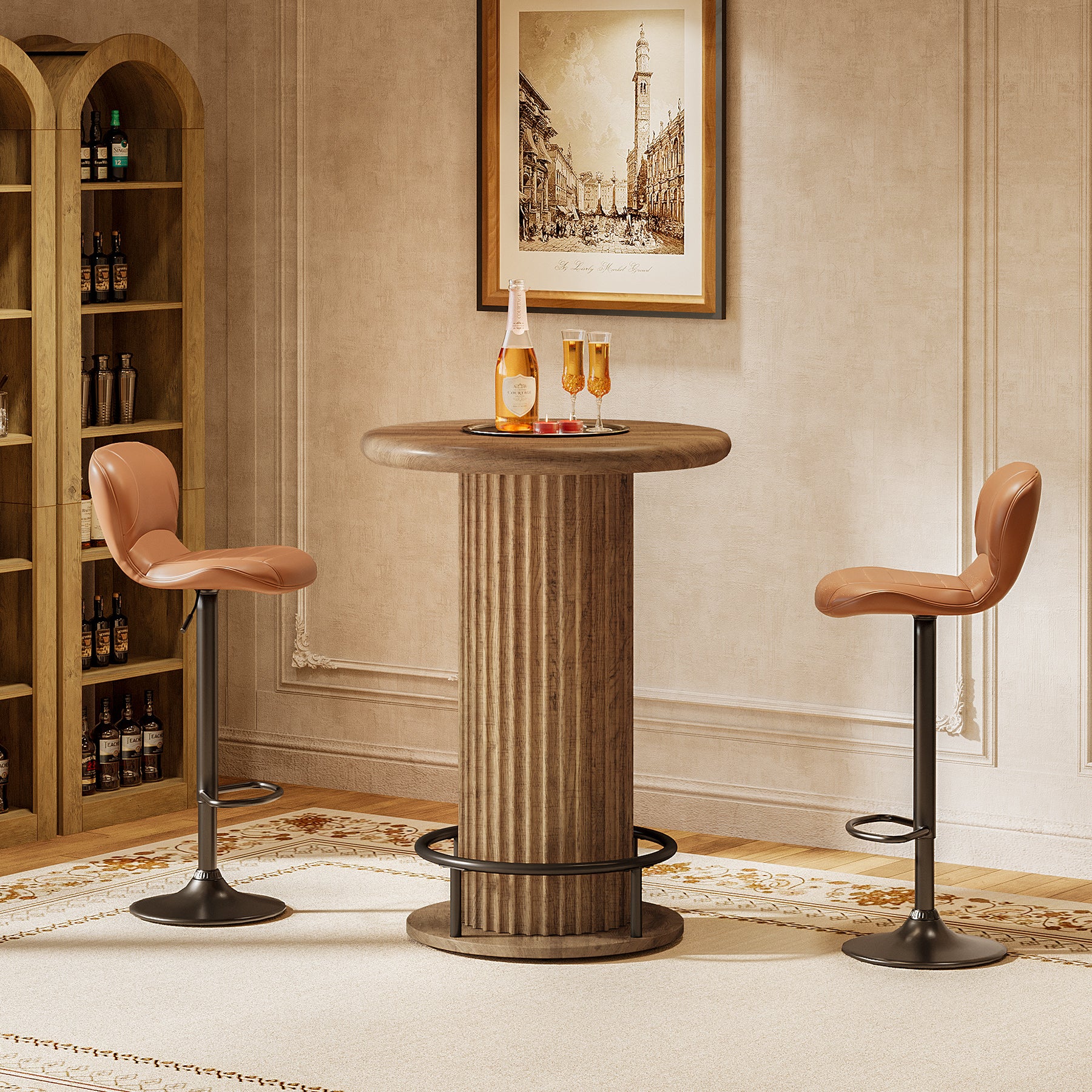 35.4" Round Bar Table, Fluted Bistro Cocktail Table for Small Space