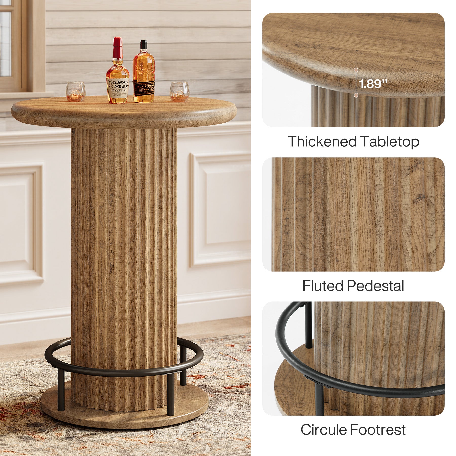 35.4" Round Bar Table, Fluted Bistro Cocktail Table for Small Space
