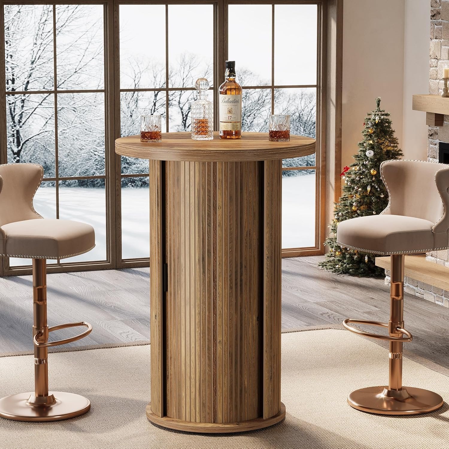 35.4" Round Bar Table, High Top Pub Table with 3-Tier Hidden Storage Shelves