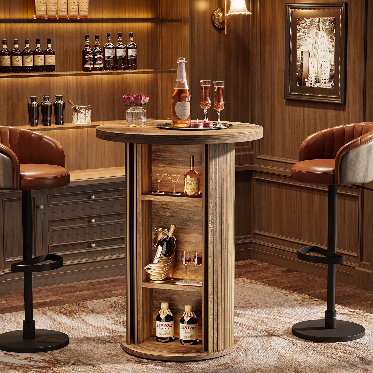 35.4" Round Bar Table, High Top Pub Table with 3-Tier Hidden Storage Shelves