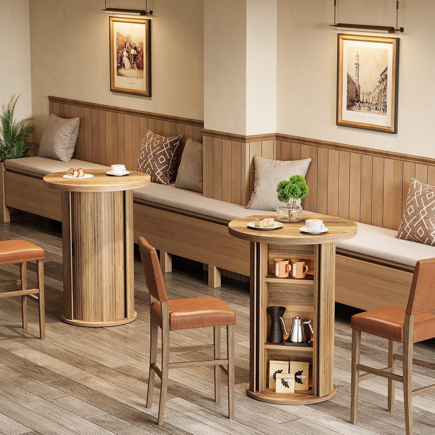 35.4" Round Bar Table, High Top Pub Table with 3-Tier Hidden Storage Shelves